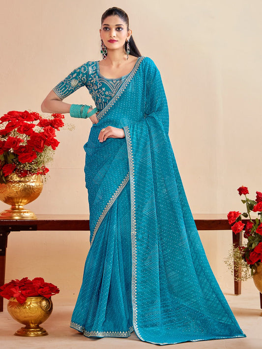 Georgette Bandhani With Embroidered Border Saree - Ressa