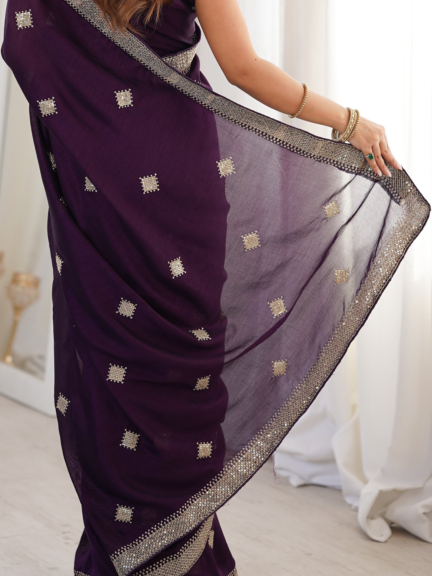 Georgette Embroidered Saree | Deep Plum with Gold Sequin Border - Ressa