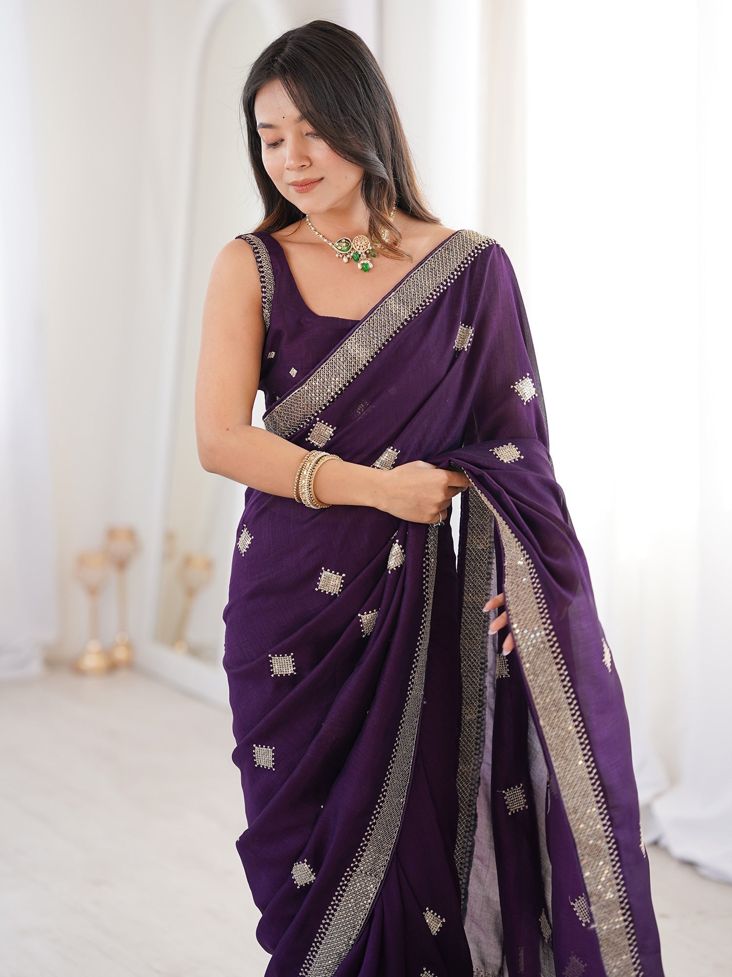 Georgette Embroidered Saree | Deep Plum with Gold Sequin Border - Ressa