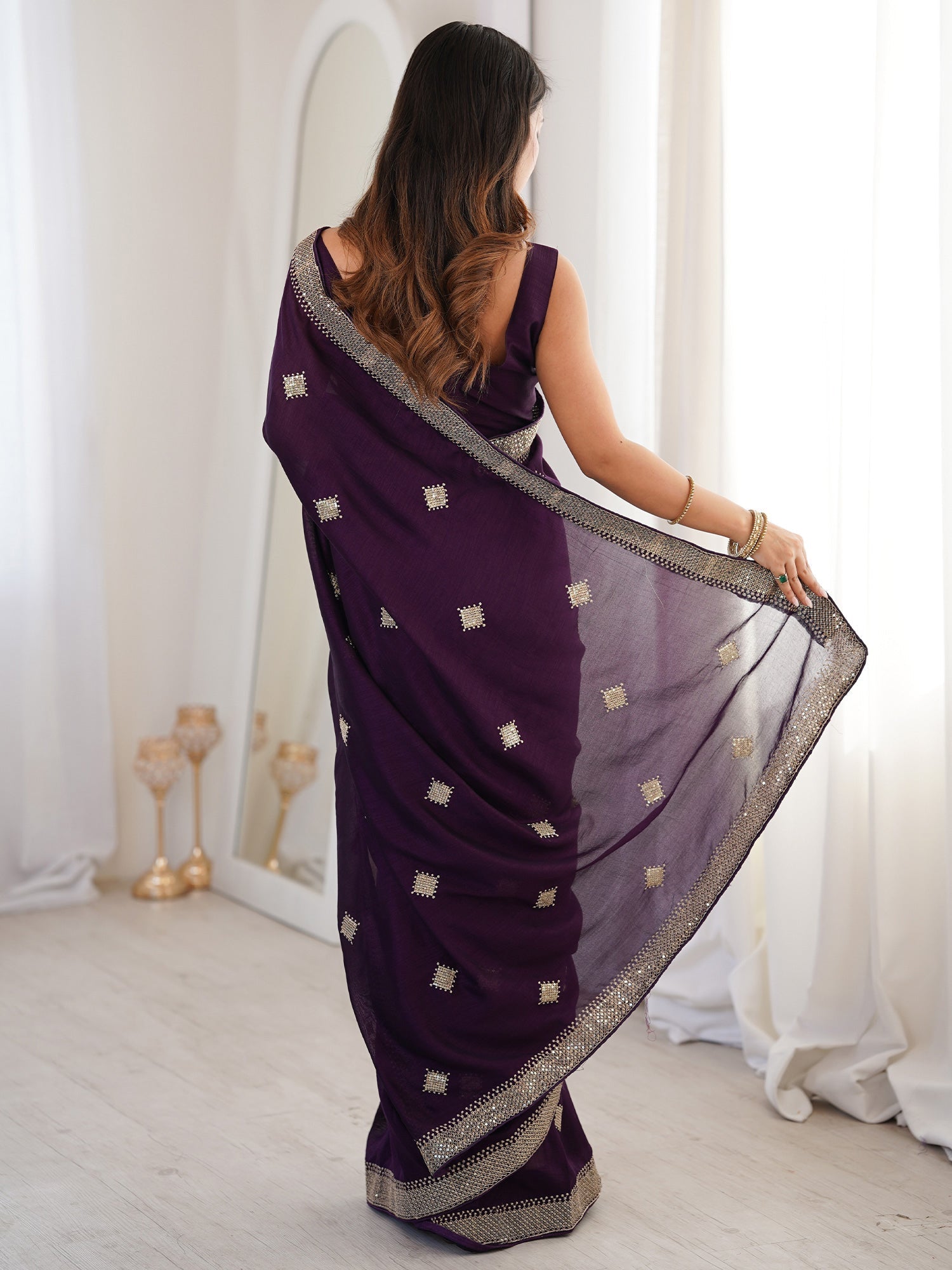 Georgette Embroidered Saree | Deep Plum with Gold Sequin Border - Ressa