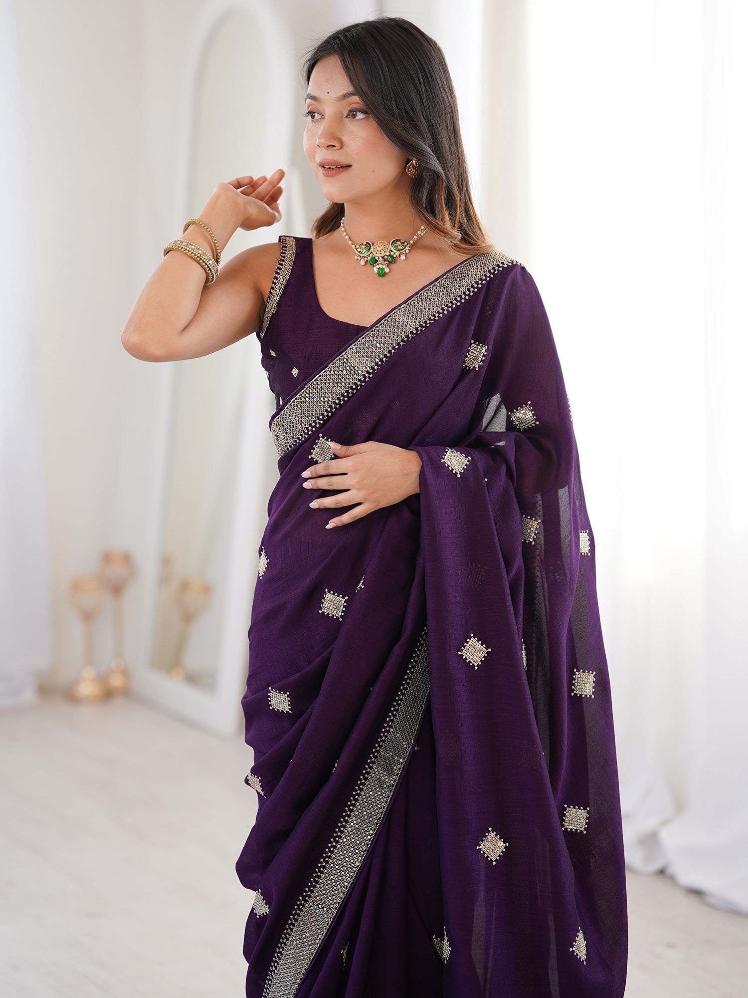 Georgette Embroidered Saree | Deep Plum with Gold Sequin Border - Ressa