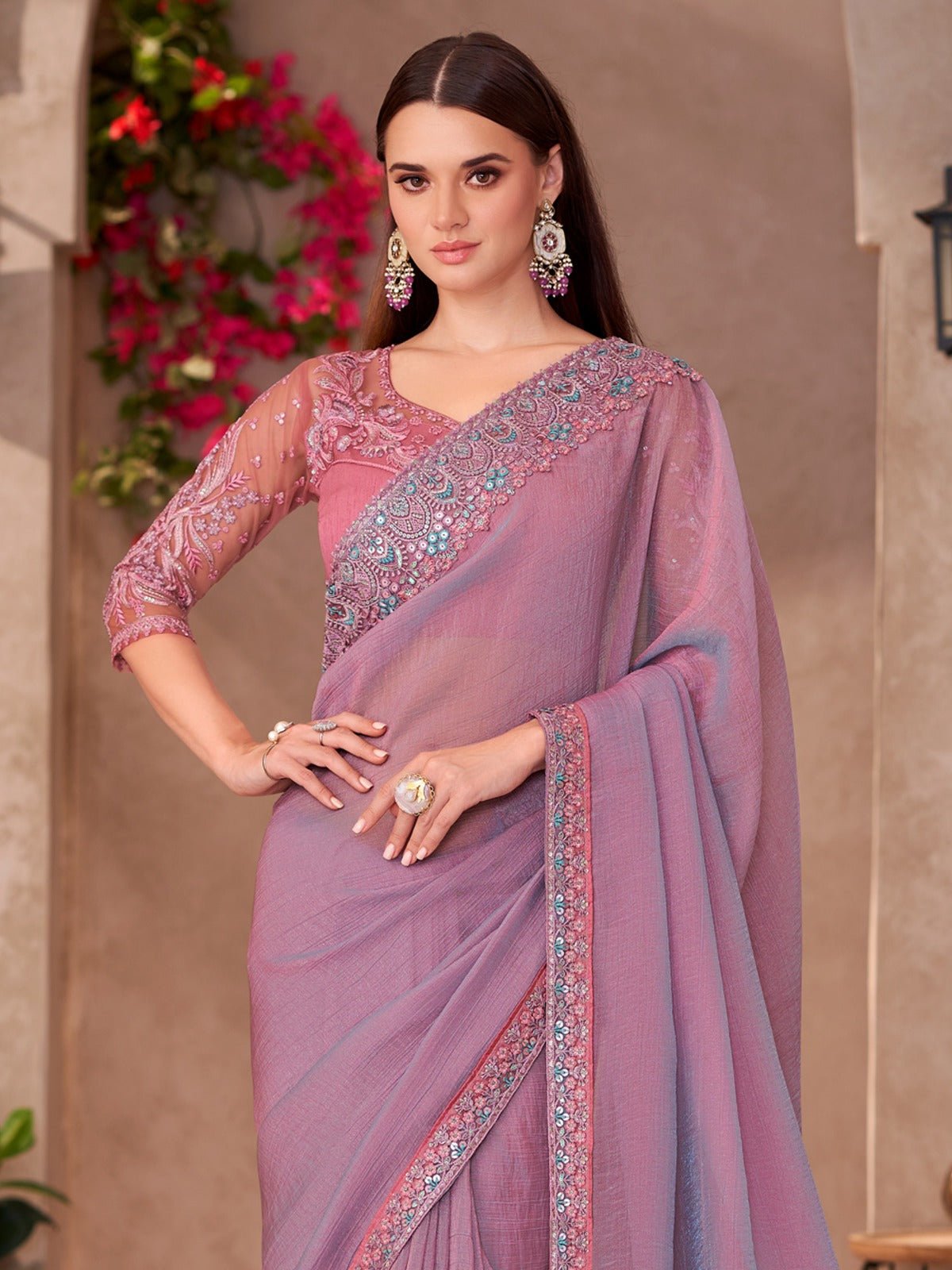 Georgette Mauve Embellished Designer Saree - Ressa