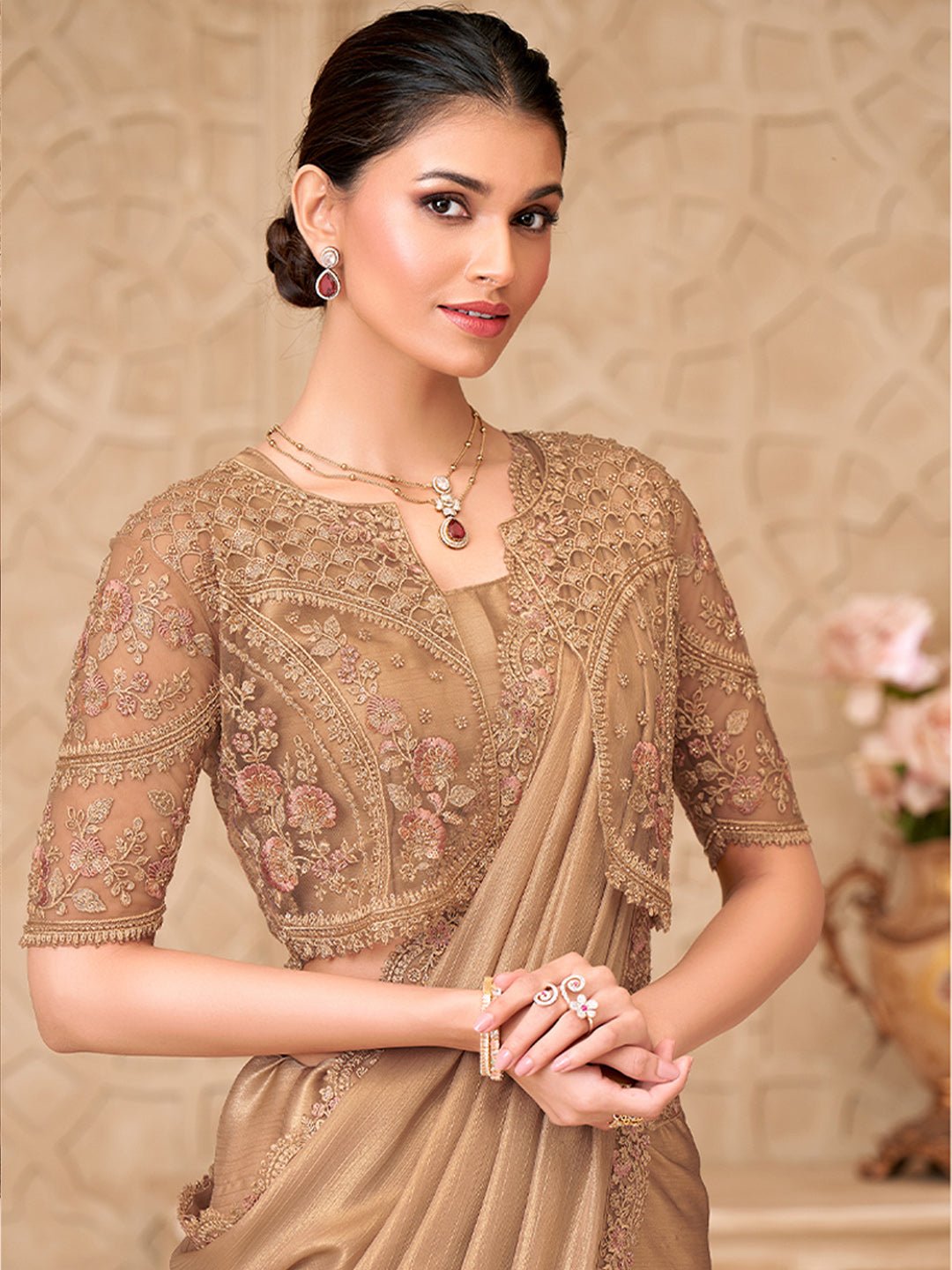 Gold Georgette Emblished Party Wear Saree - Ressa