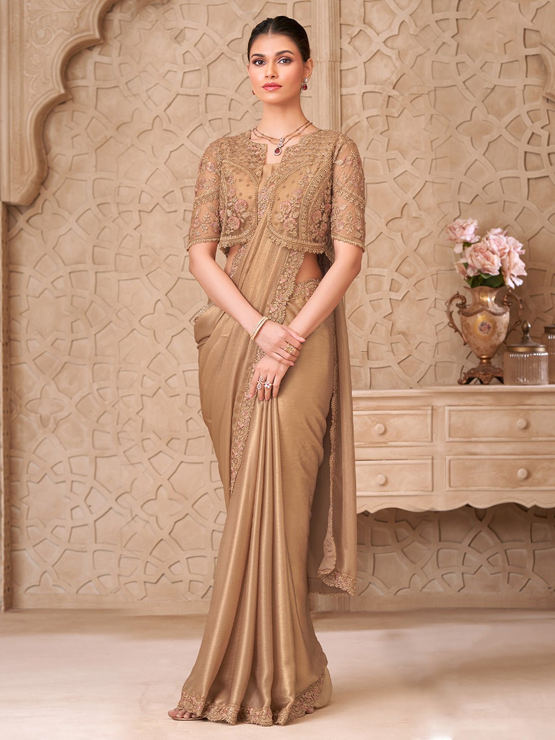 Gold Georgette Emblished Party Wear Saree - Ressa