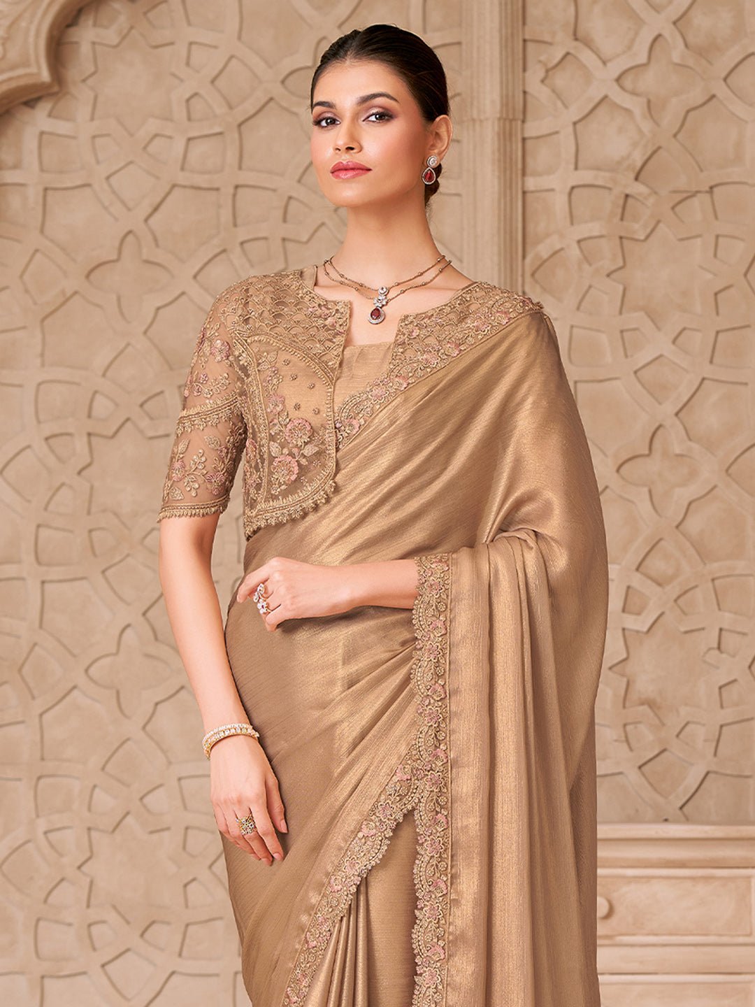 Gold Georgette Emblished Party Wear Saree - Ressa