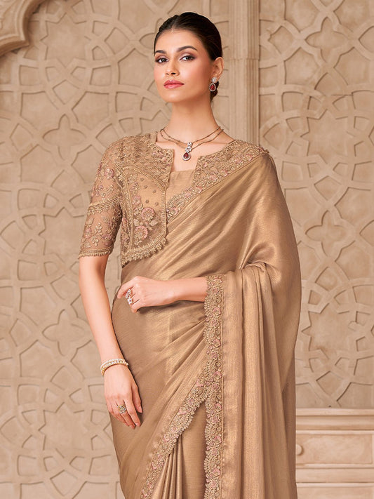 Gold Georgette Emblished Party Wear Saree - Ressa