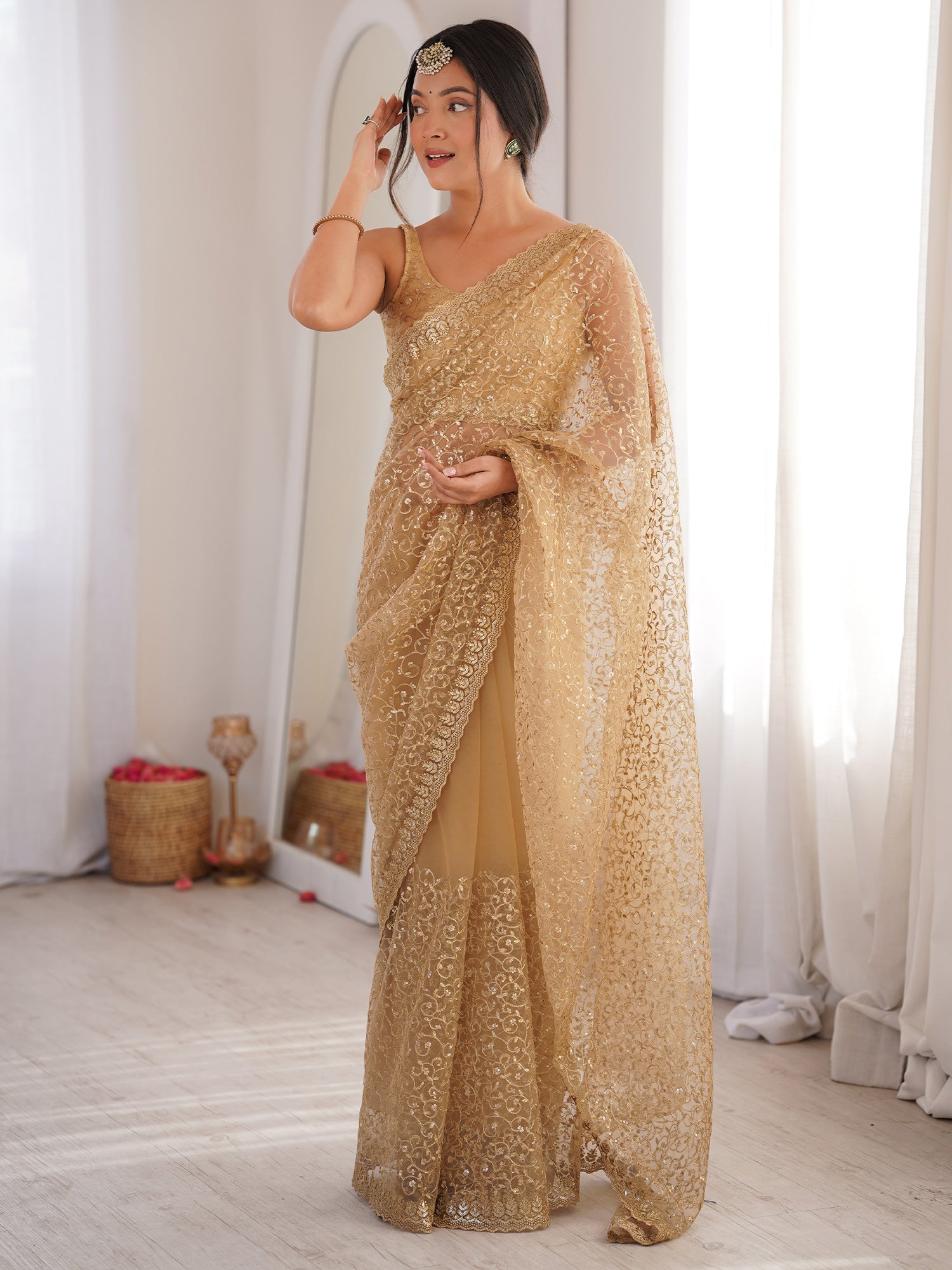 Gold Net Sequence Embroidery Saree - Ressa