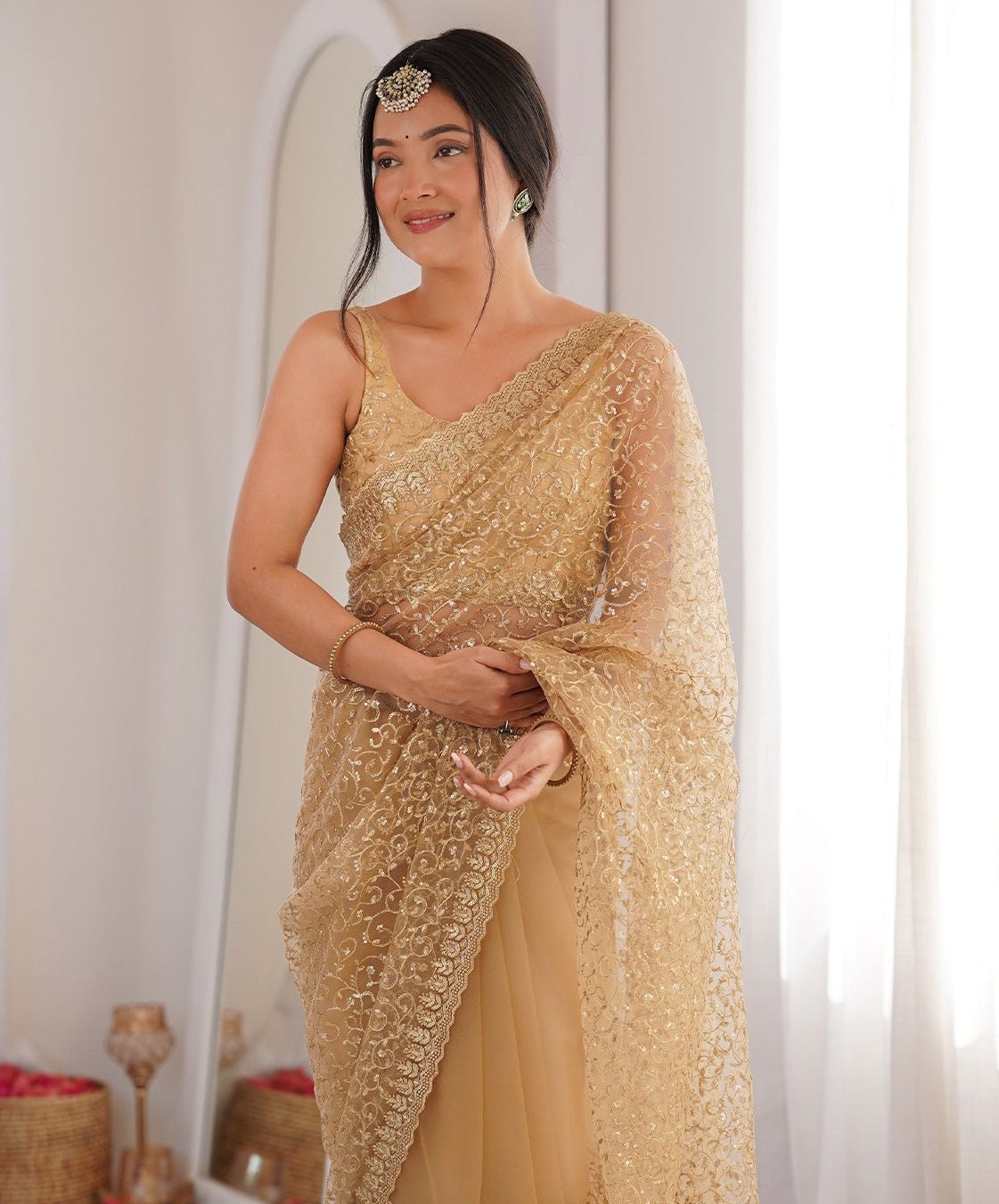 Gold Net Sequence Embroidery Saree - Ressa