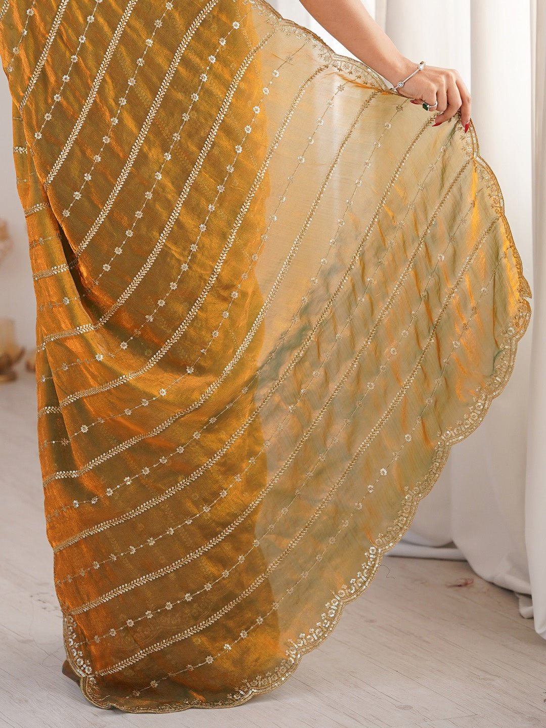 Gold Satin Emblished Party Wear Saree - Ressa