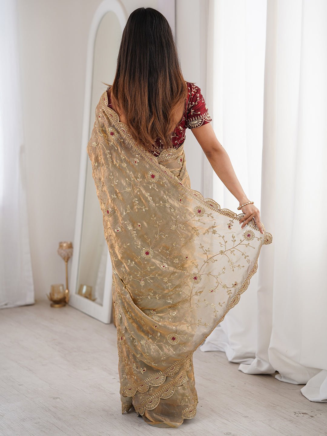 Gold Satin Emblished Party Wear Saree - Ressa