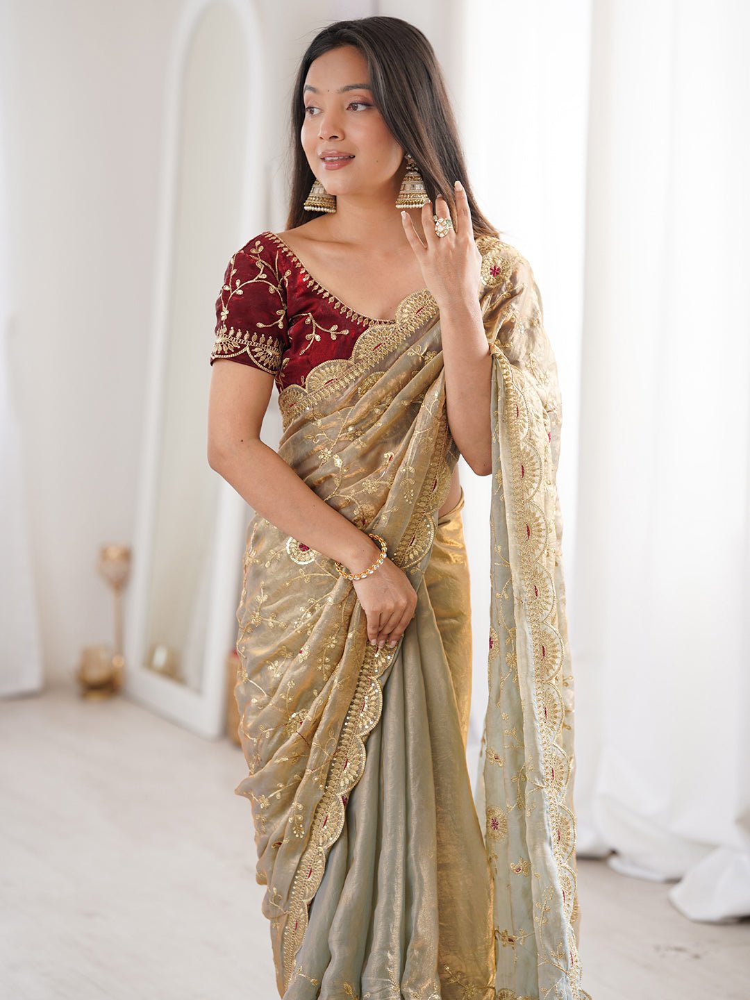 Gold Satin Emblished Party Wear Saree - Ressa