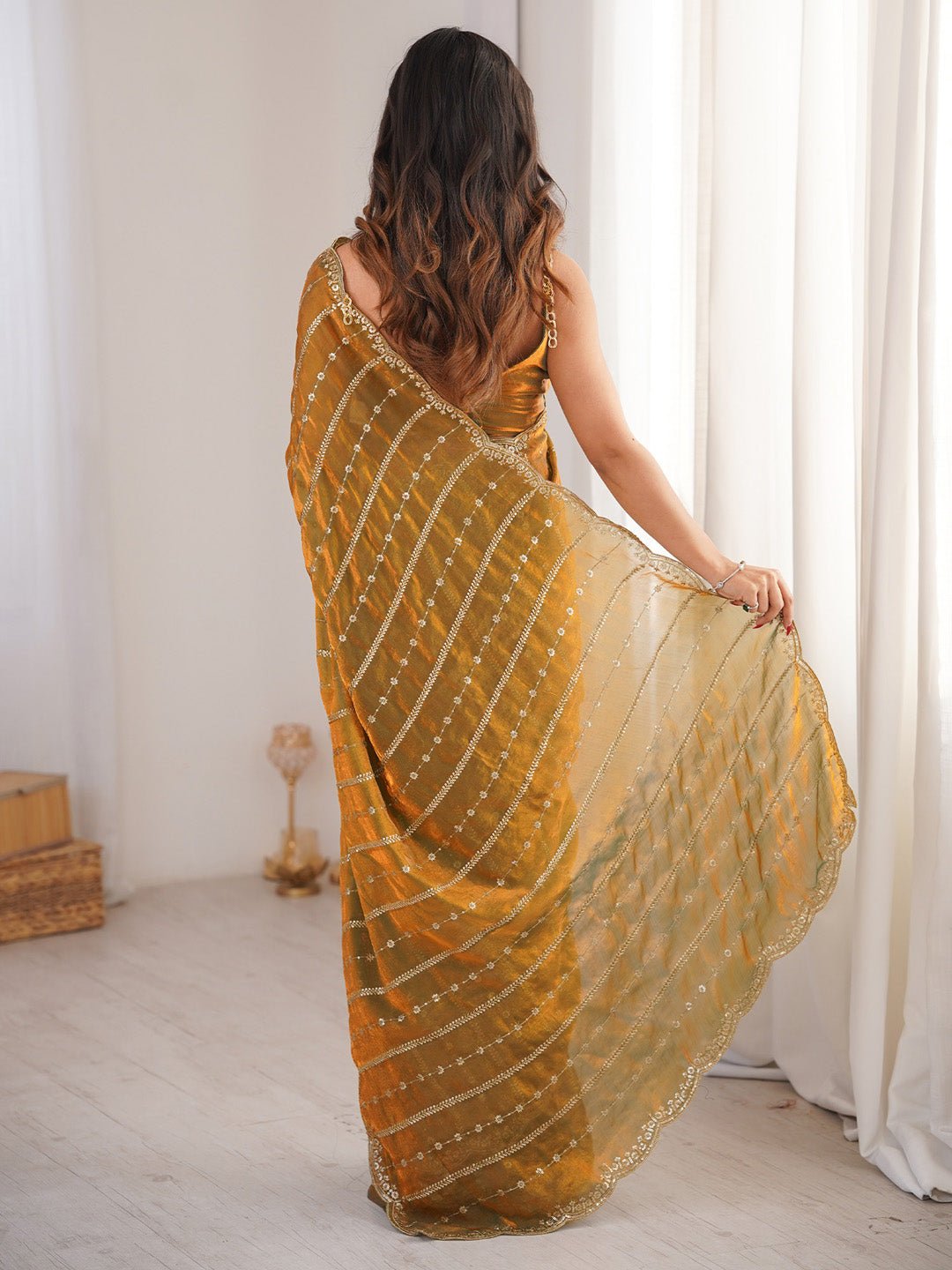 Gold Satin Emblished Party Wear Saree - Ressa