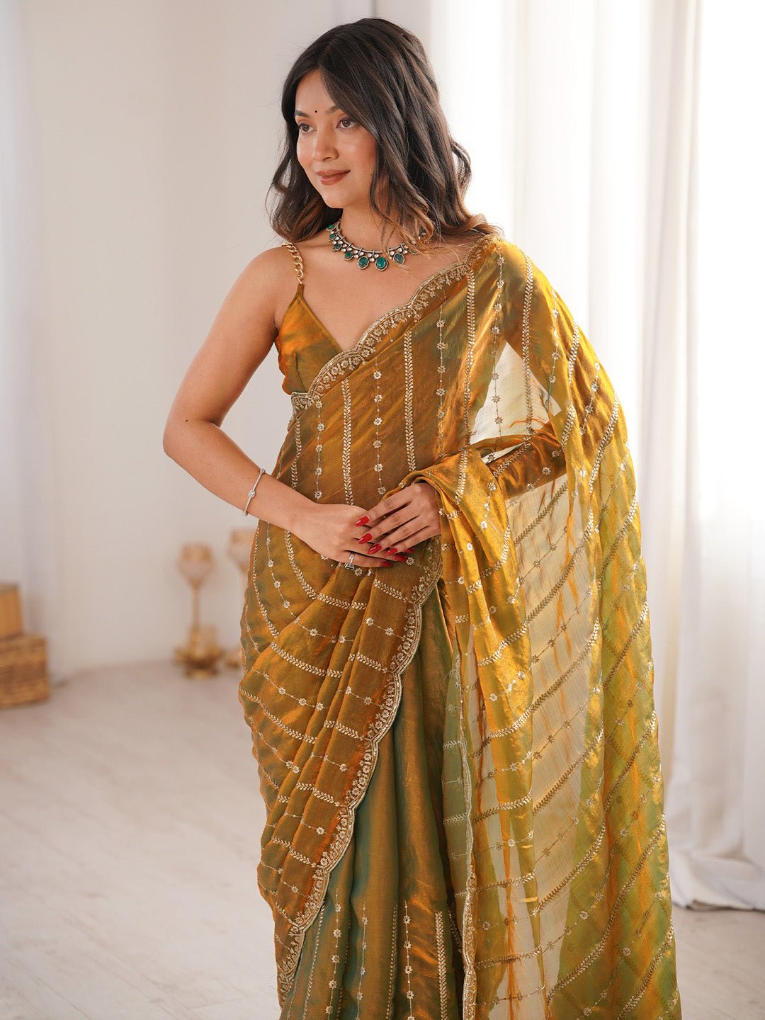 Gold Satin Emblished Party Wear Saree - Ressa
