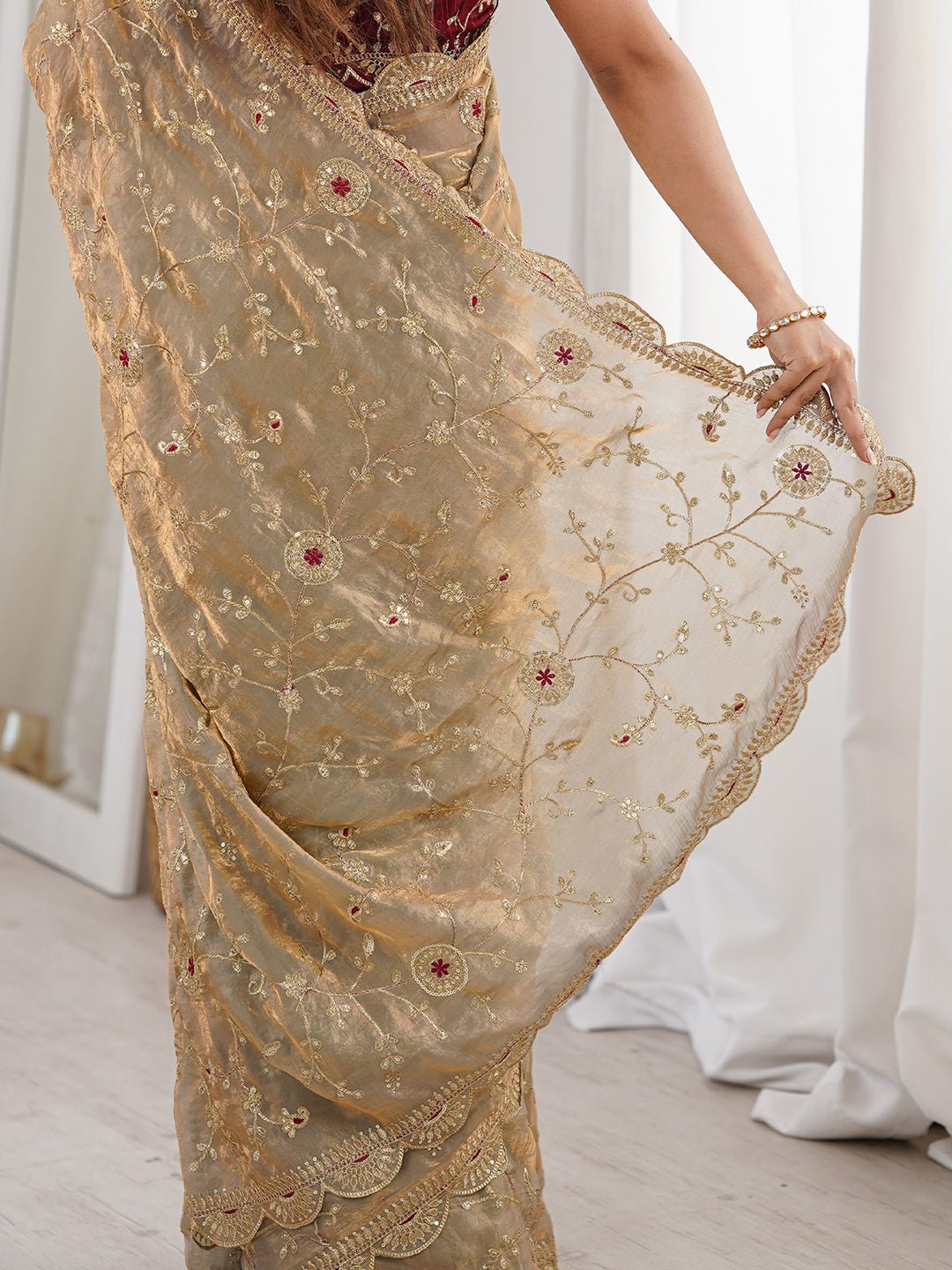 Gold Satin Emblished Party Wear Saree - Ressa