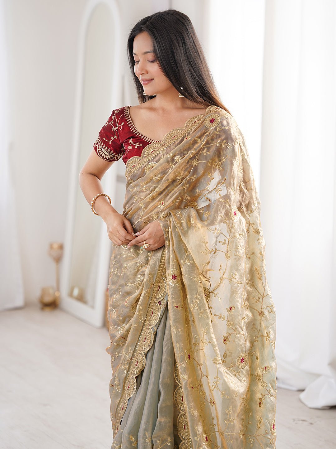 Gold Satin Emblished Party Wear Saree - Ressa