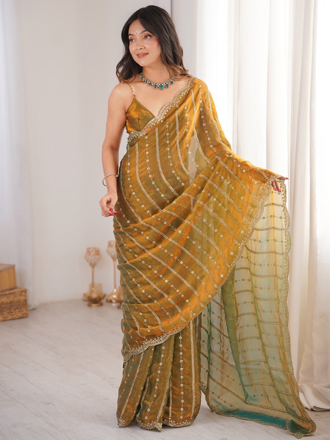 Gold Satin Emblished Party Wear Saree - Ressa