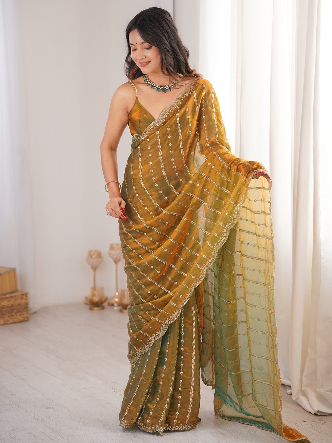 Gold Satin Emblished Party Wear Saree - Ressa