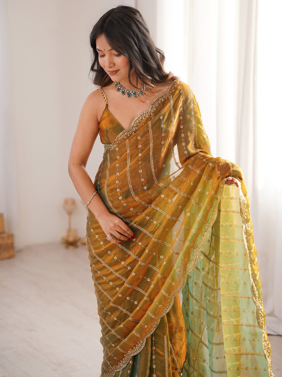 Gold Satin Emblished Party Wear Saree - Ressa