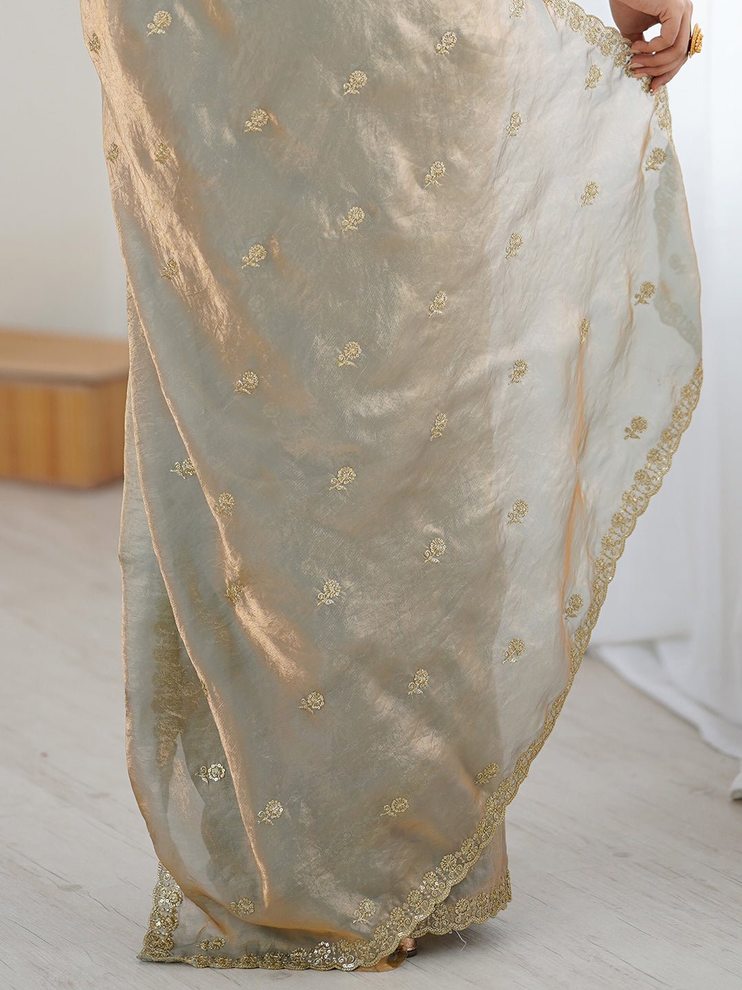 Gold Satin Emblsihed Party Wear Saree - Ressa