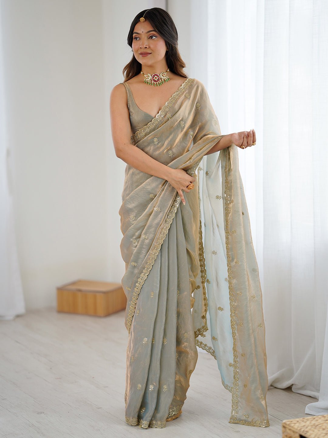 Gold Satin Emblsihed Party Wear Saree - Ressa