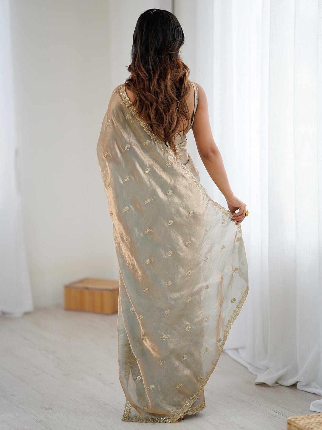 Gold Satin Emblsihed Party Wear Saree - Ressa