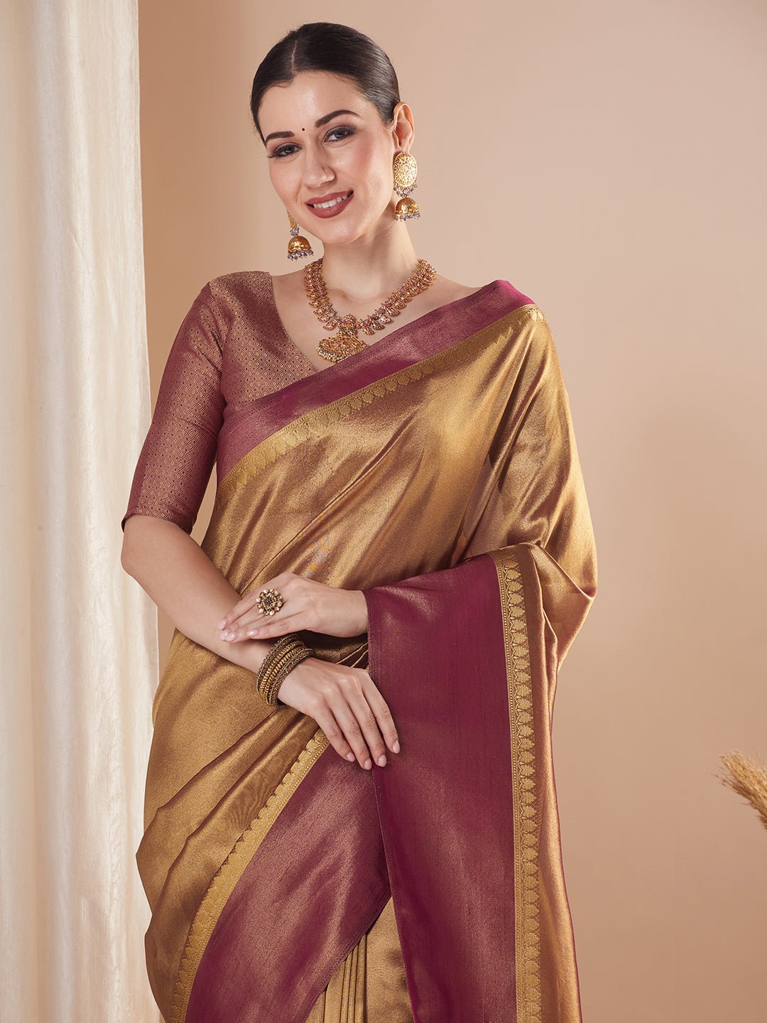 Golden and Wine Silk Blend Saree - Ressa