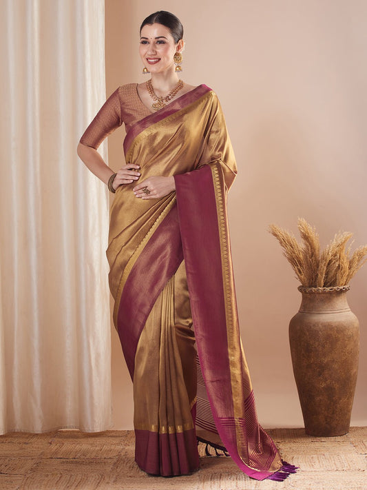 Golden and Wine Silk Blend Saree - Ressa