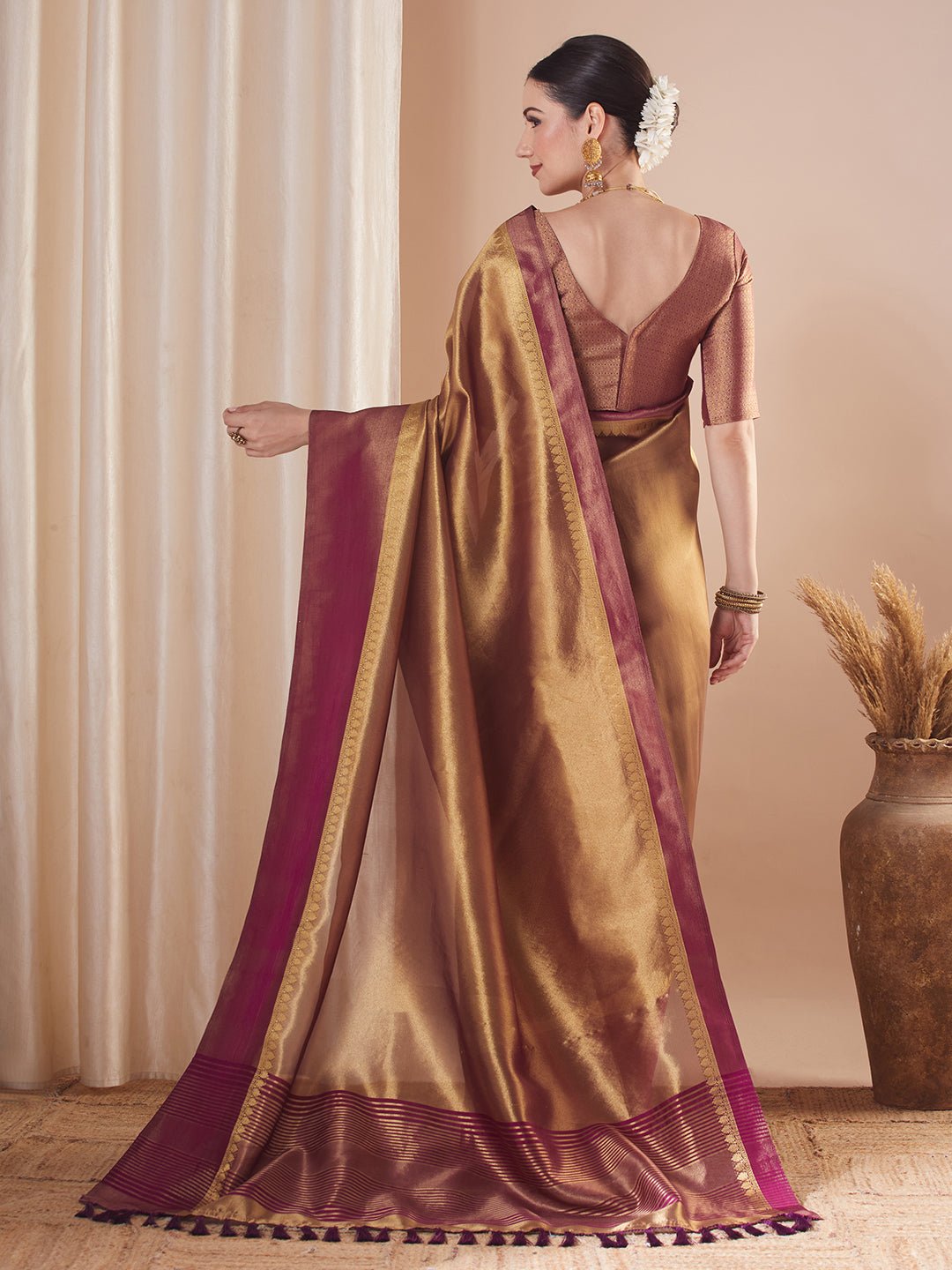 Golden and Wine Silk Blend Saree - Ressa