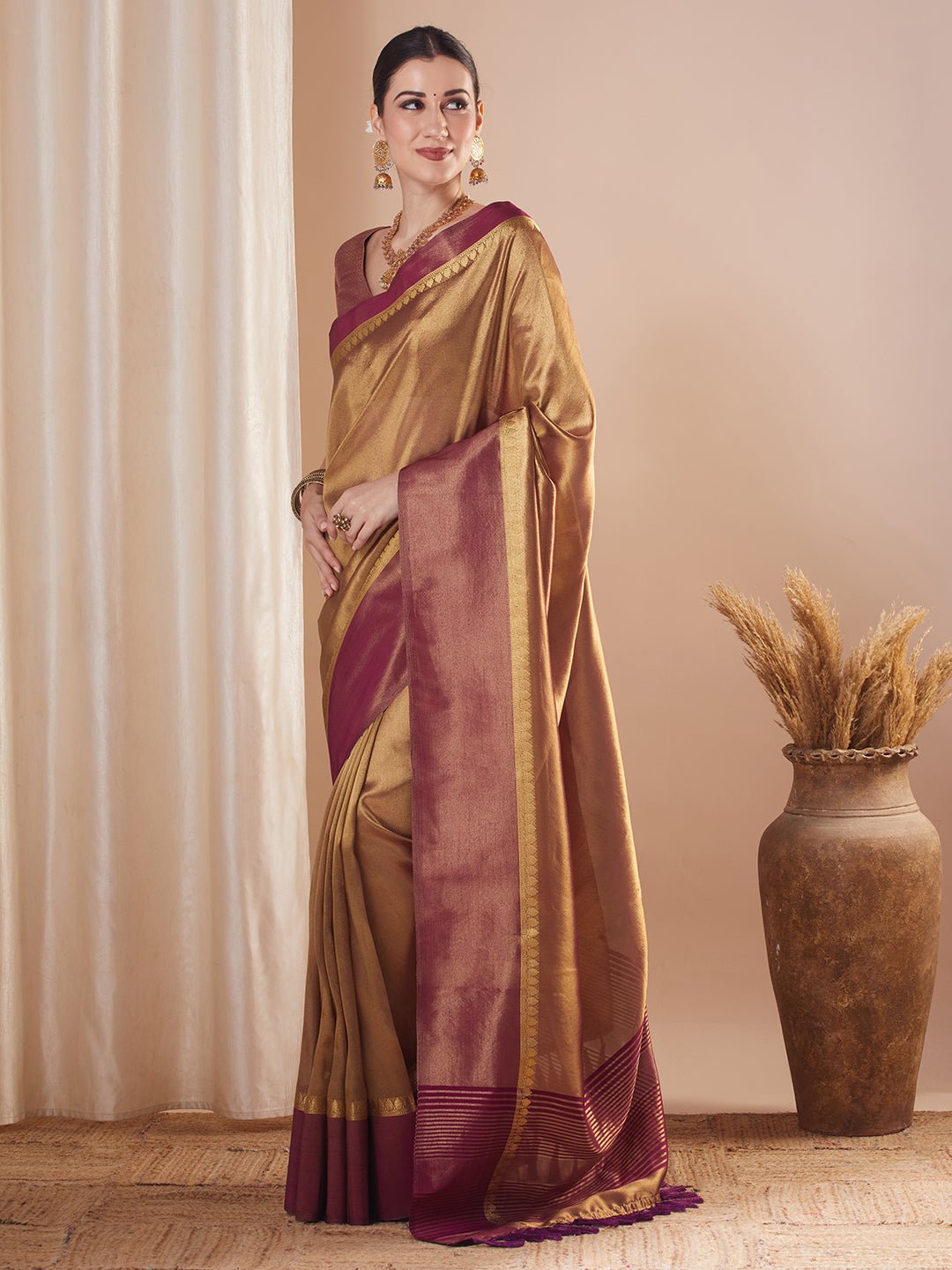Golden and Wine Silk Blend Saree - Ressa