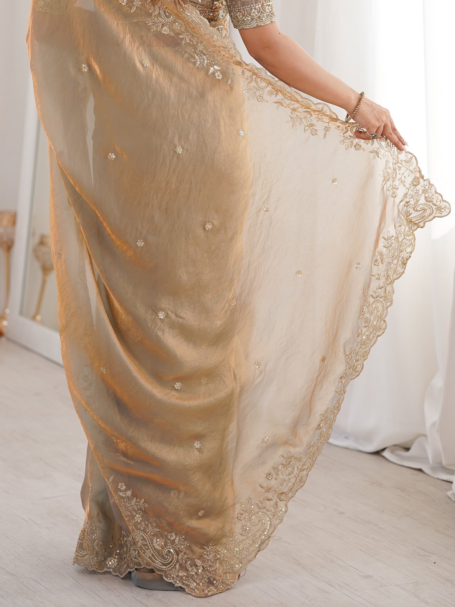 Golden Beige Metallic Tissue Silk Saree - Ressa