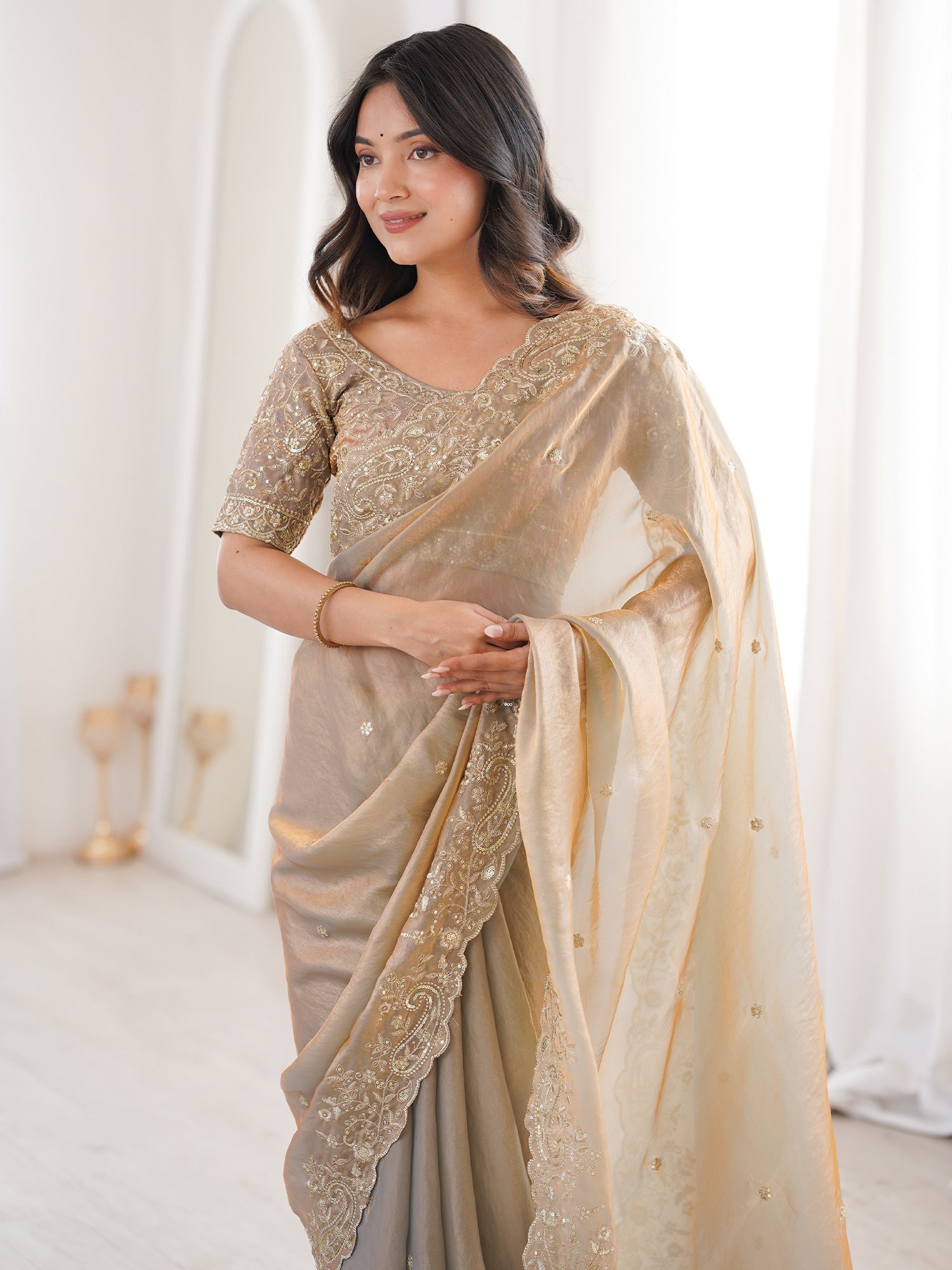 Golden Beige Metallic Tissue Silk Saree - Ressa