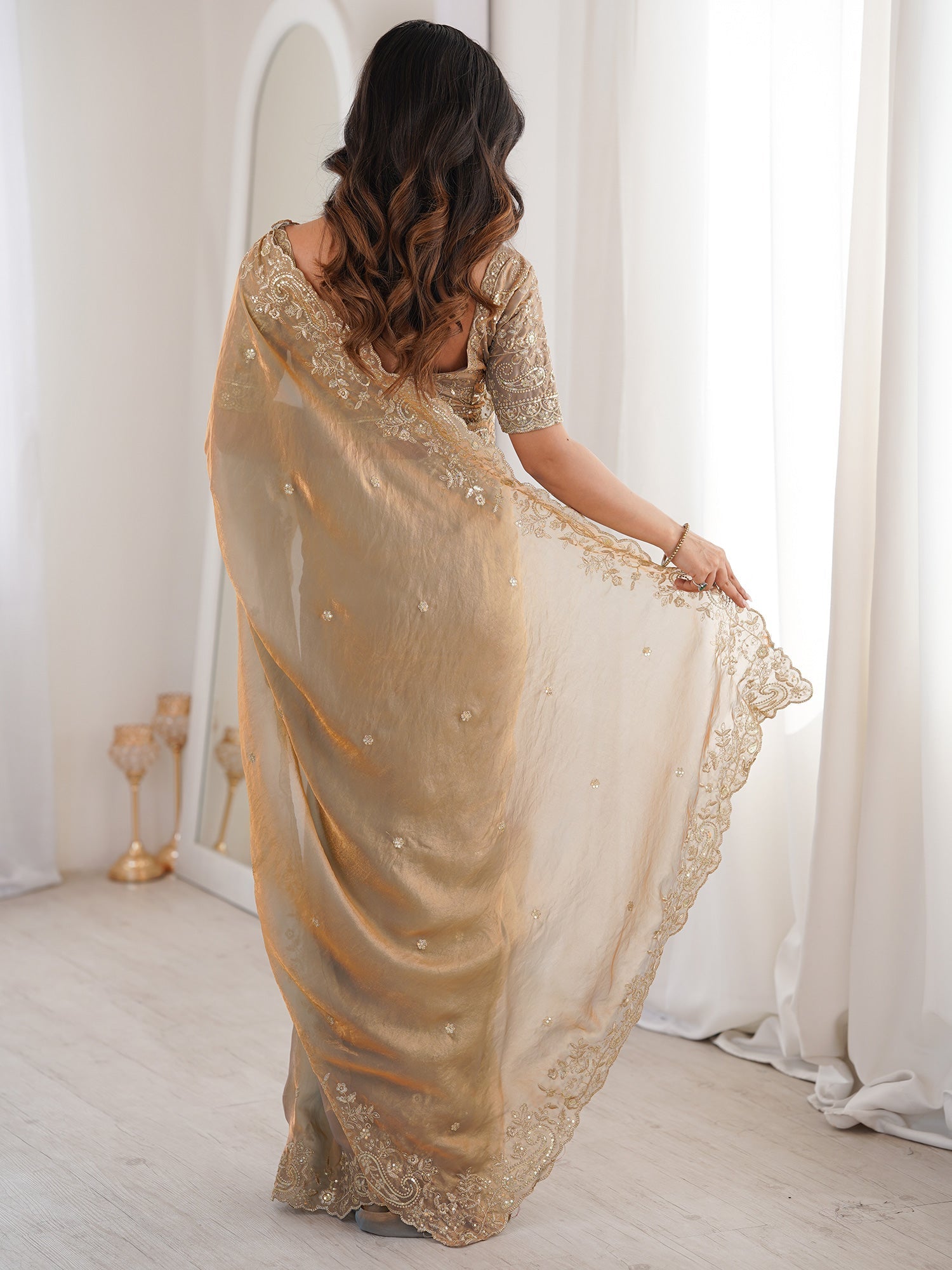 Golden Beige Metallic Tissue Silk Saree - Ressa