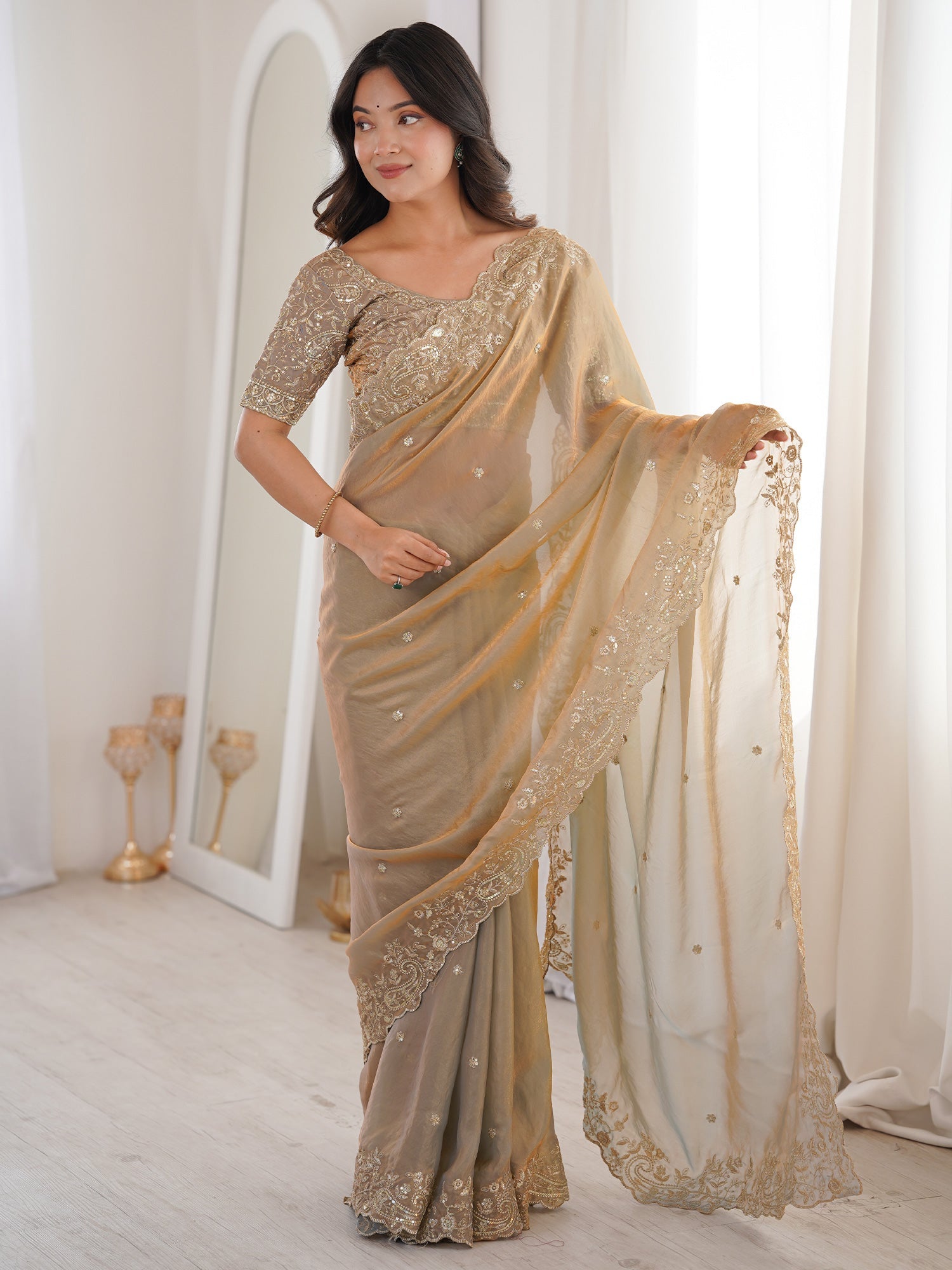 Golden Beige Metallic Tissue Silk Saree - Ressa