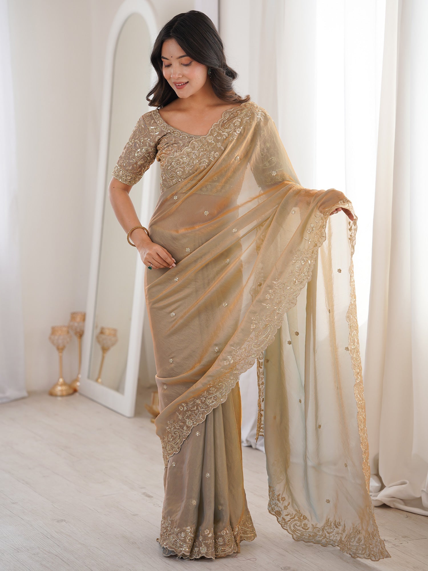 Golden Beige Metallic Tissue Silk Saree - Ressa
