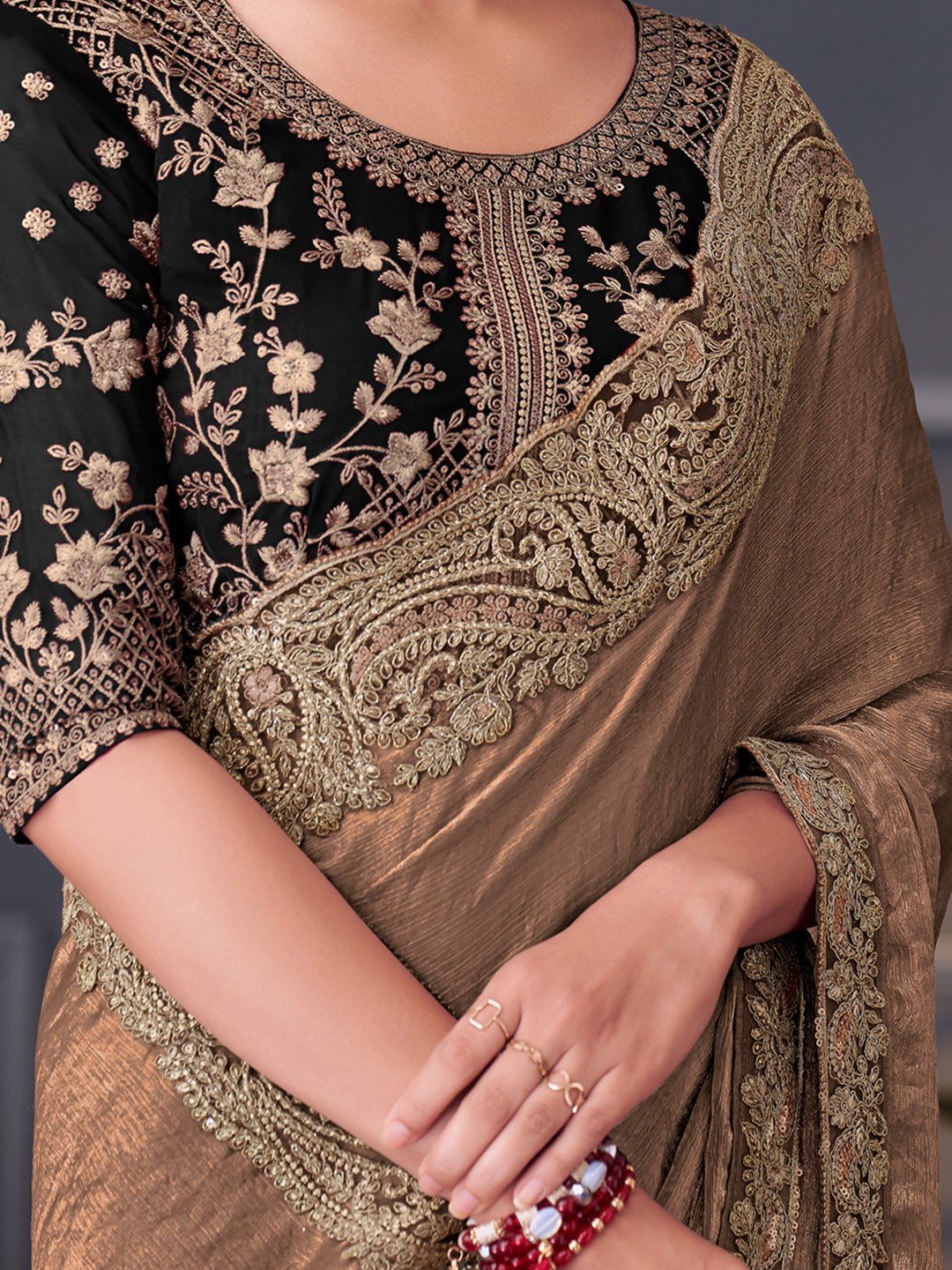 Golden Brown Polyester Embroidered Saree - Ressa