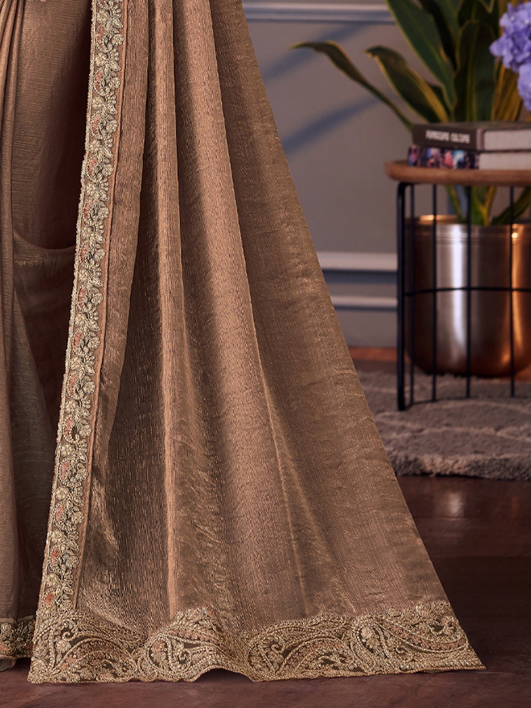 Golden Brown Polyester Embroidered Saree - Ressa