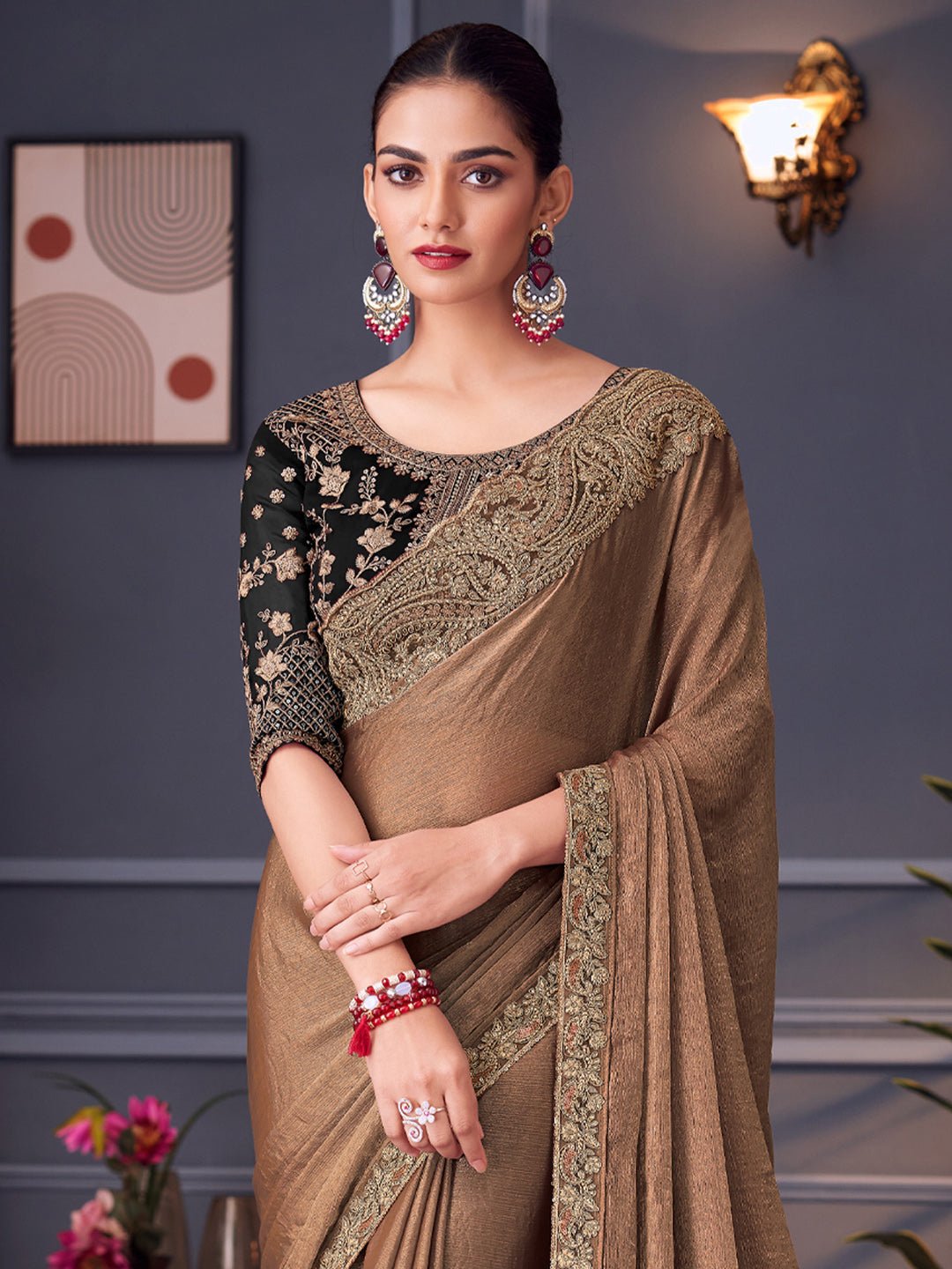 Golden Brown Polyester Embroidered Saree - Ressa