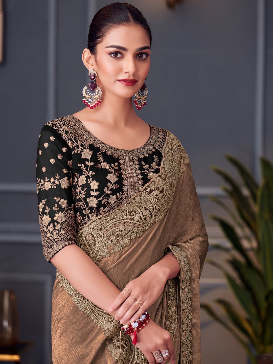 Golden Brown Polyester Embroidered Saree - Ressa