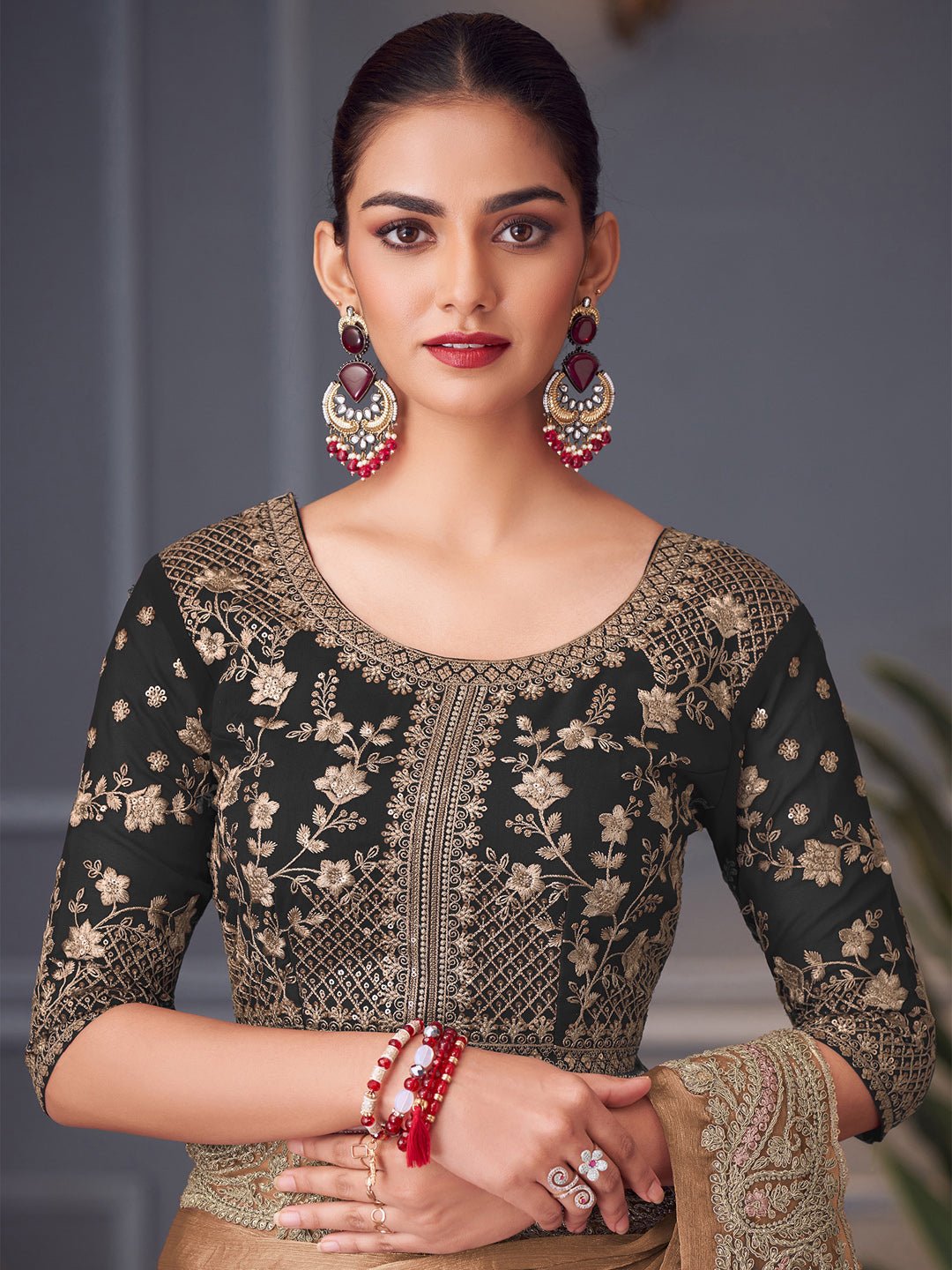 Golden Brown Polyester Embroidered Saree - Ressa