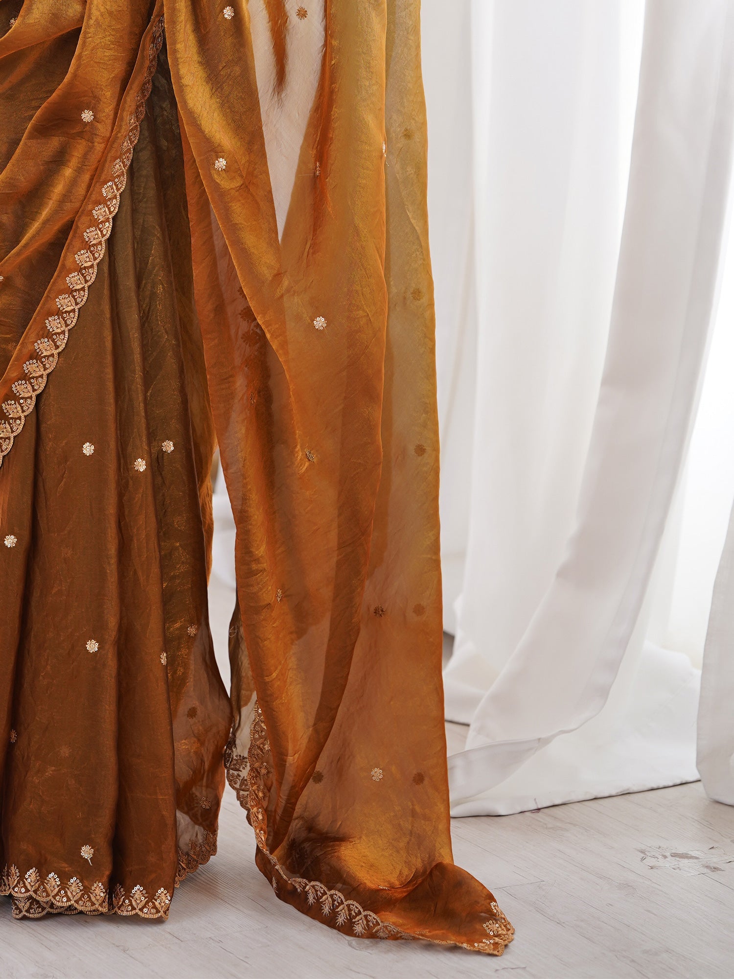 Golden Brown Tissue Silk Saree with Embroidered Border - Ressa