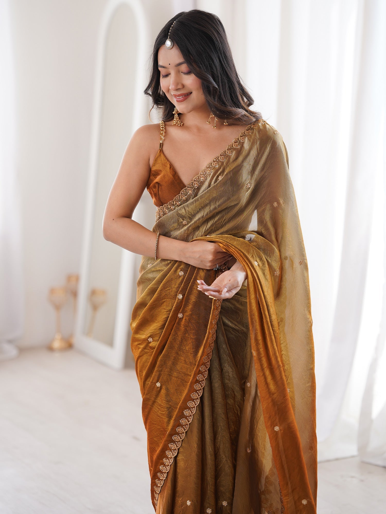 Golden Brown Tissue Silk Saree with Embroidered Border - Ressa