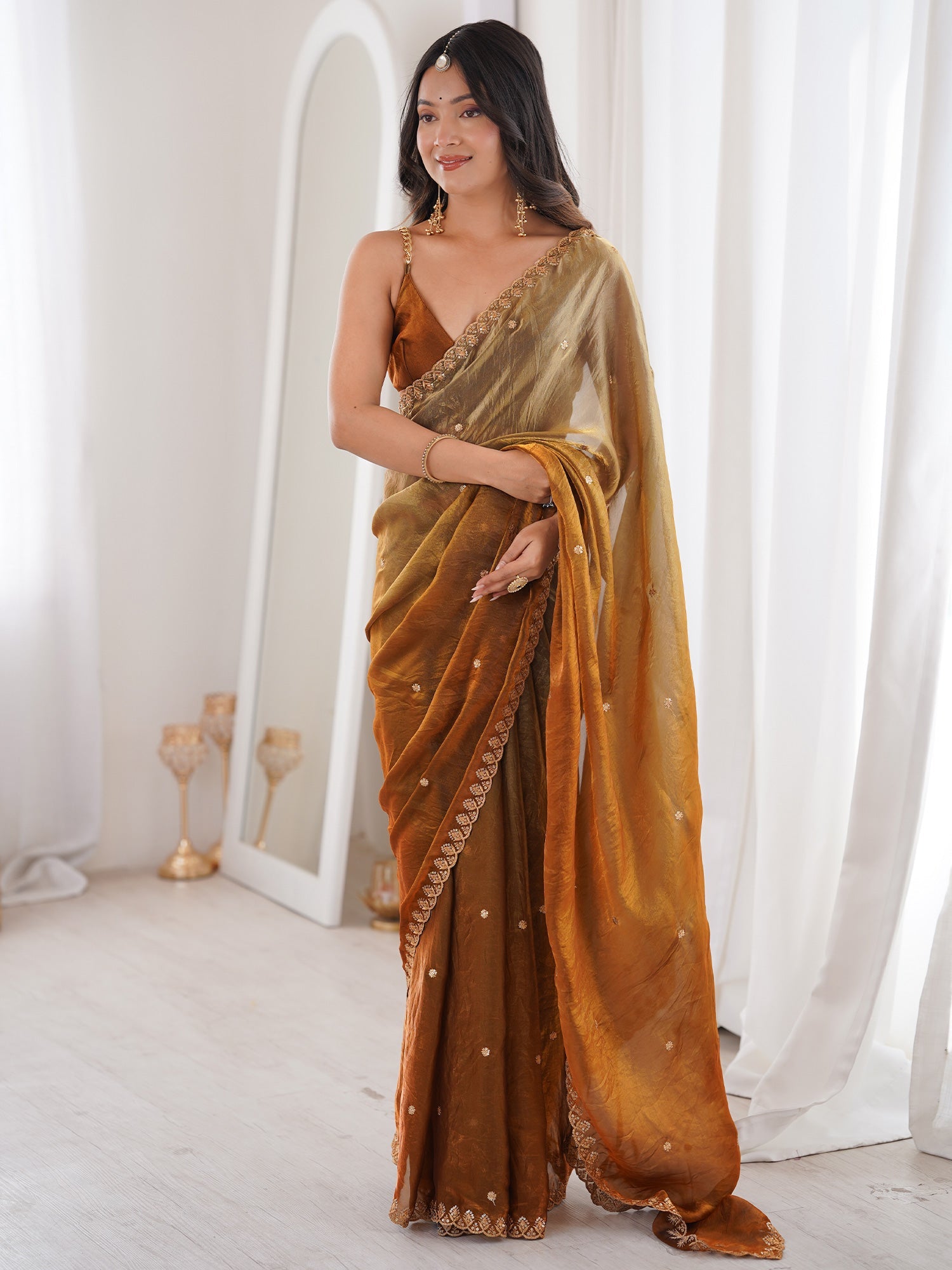 Golden Brown Tissue Silk Saree with Embroidered Border - Ressa