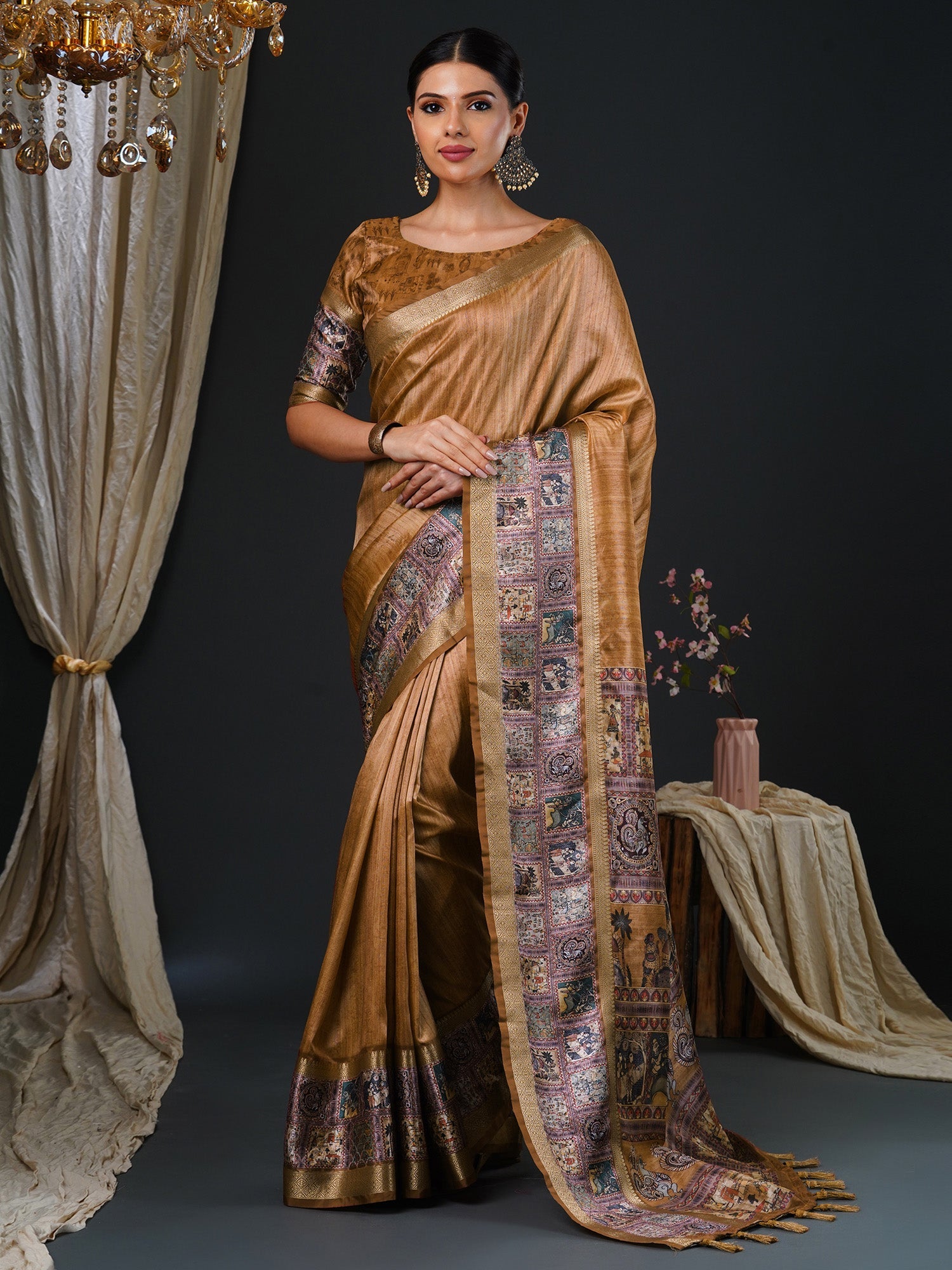 Golden Kalamkari Silk Saree with Banarasi Woven Border - Ressa