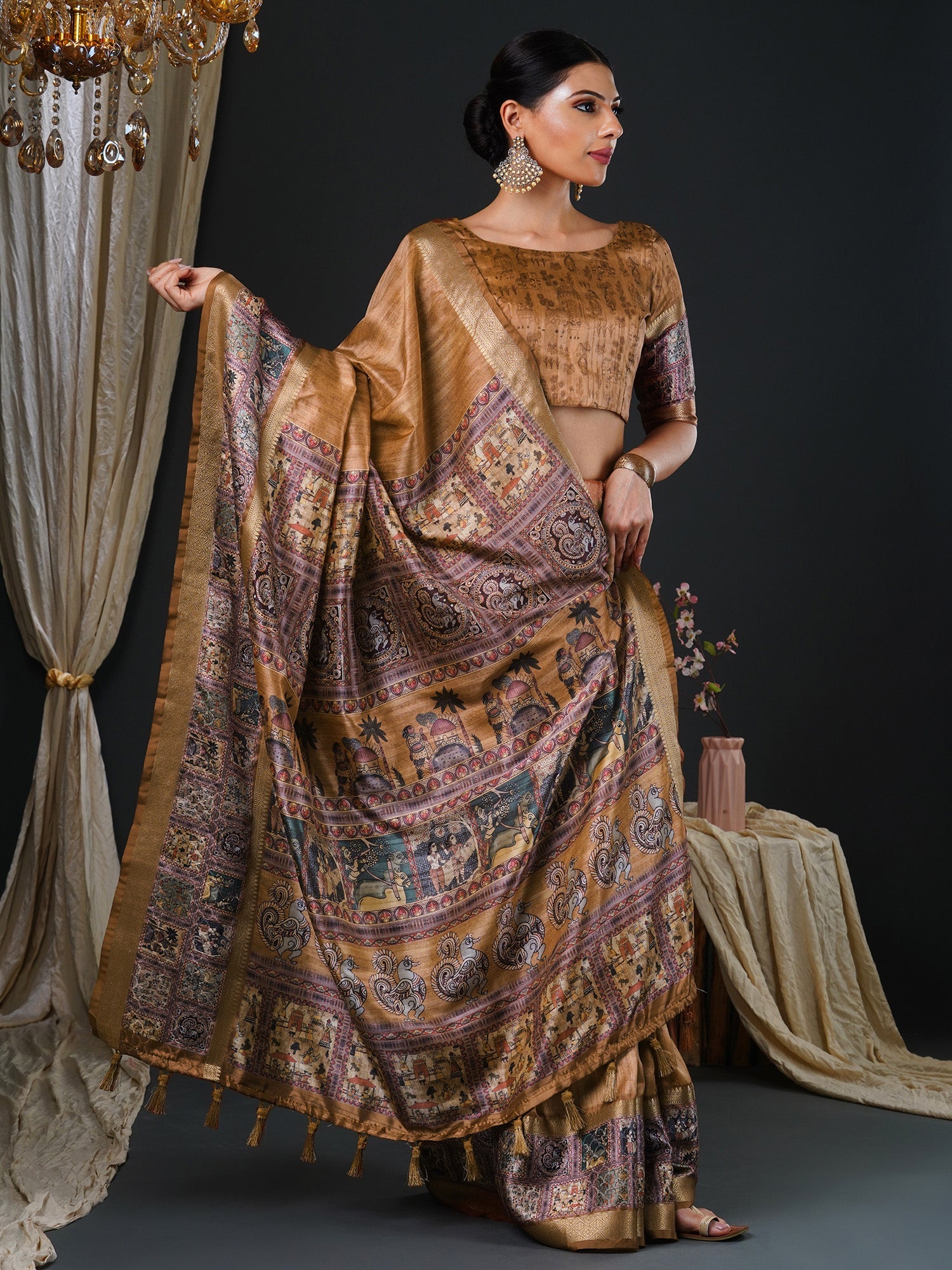 Golden Kalamkari Silk Saree with Banarasi Woven Border - Ressa
