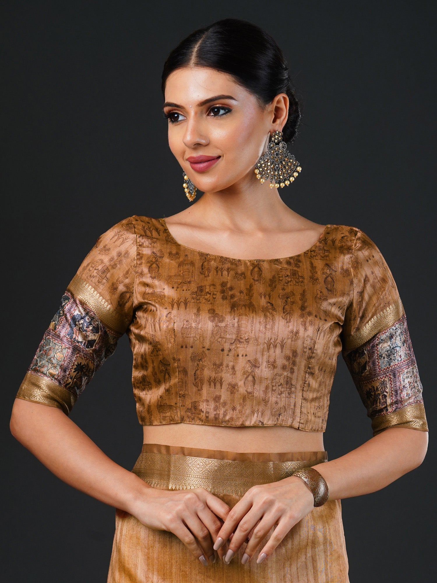Golden Kalamkari Silk Saree with Banarasi Woven Border - Ressa