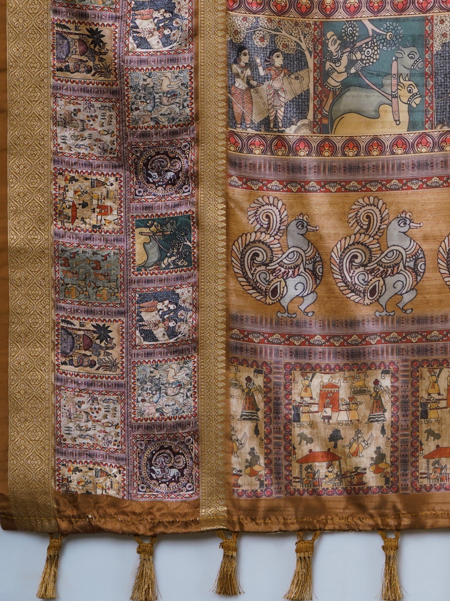 Golden Kalamkari Silk Saree with Banarasi Woven Border - Ressa