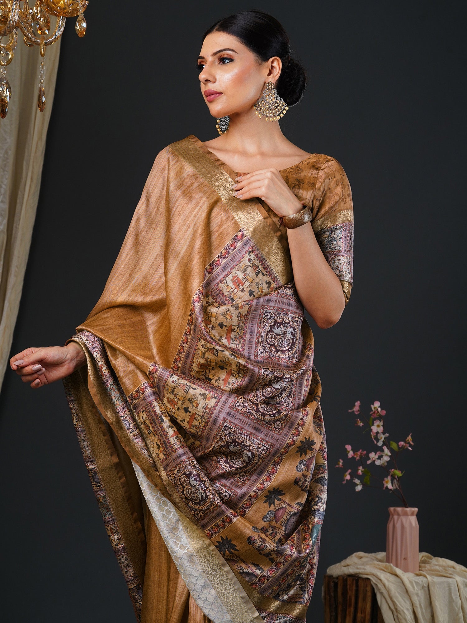 Golden Kalamkari Silk Saree with Banarasi Woven Border - Ressa