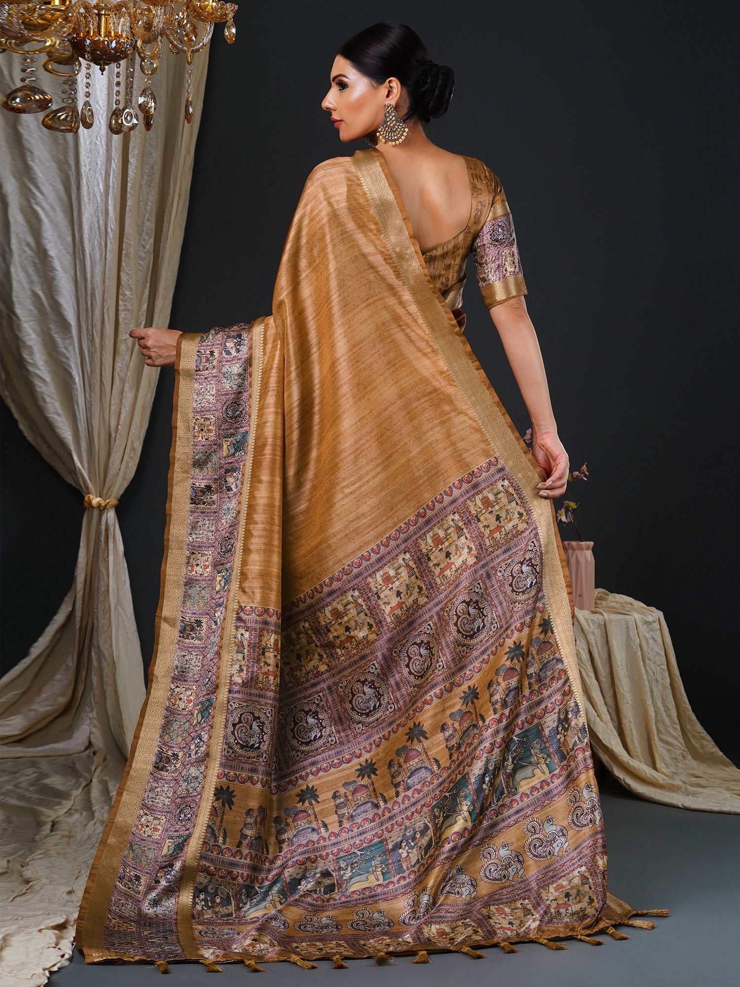 Golden Kalamkari Silk Saree with Banarasi Woven Border - Ressa