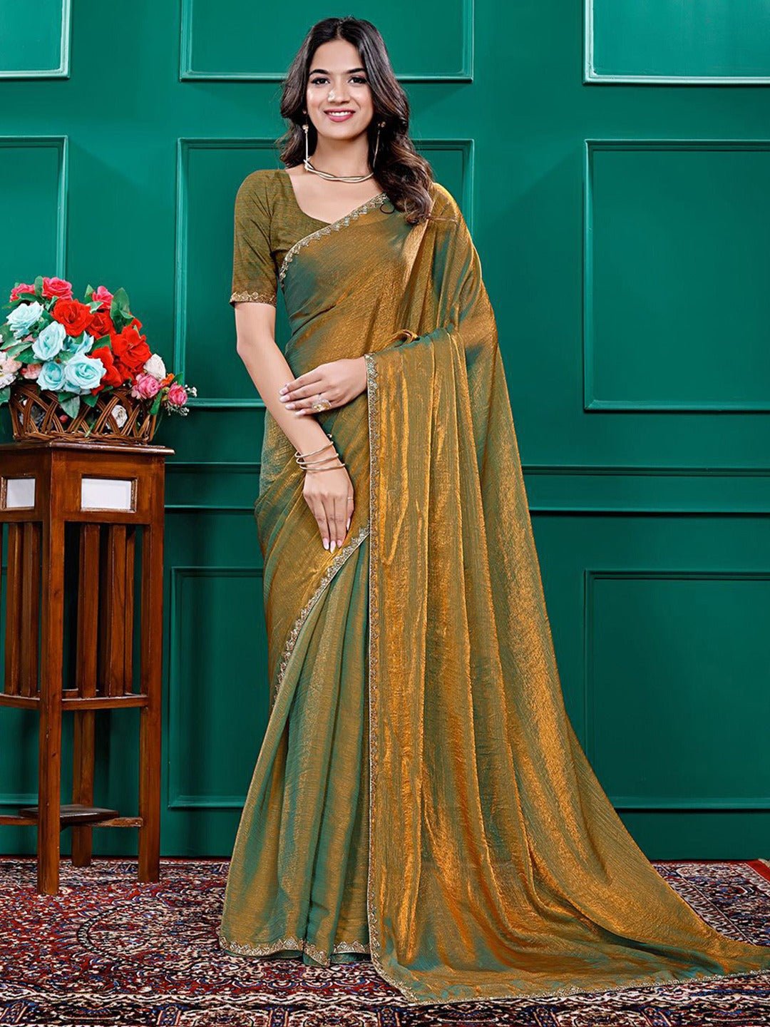 Golden Mustard Satin Silk Saree - Ressa