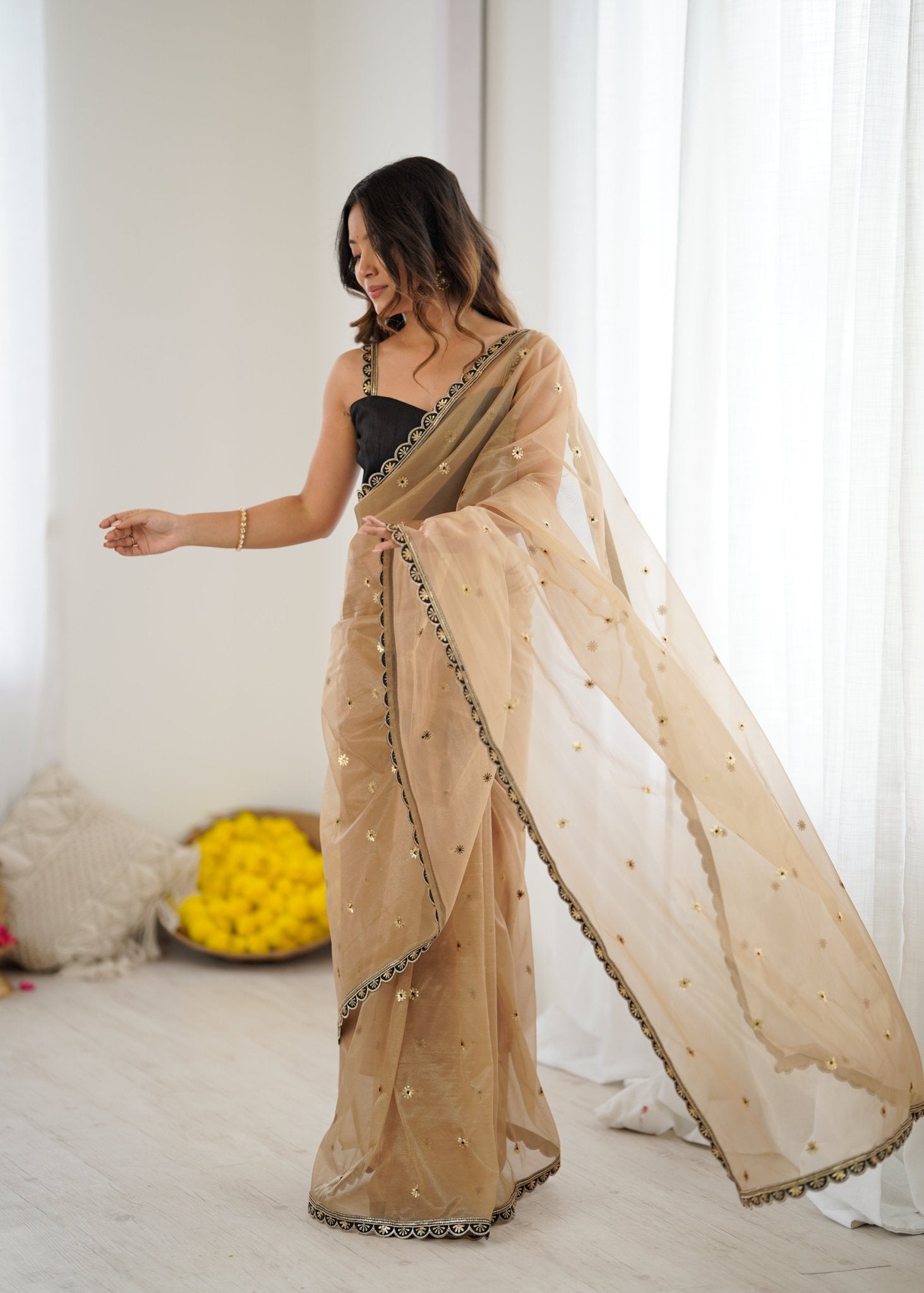 Golden Organza Embellished Saree with Black Border - Ressa
